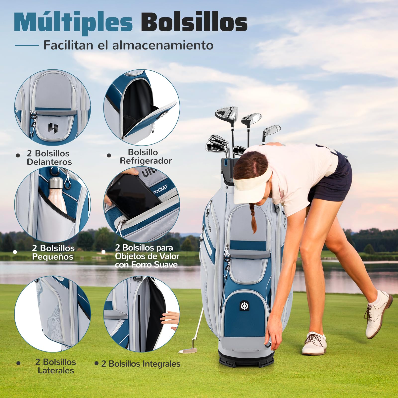 COSTWAY Bolsa Golf 14 Divisores 9 Bolsillas Cremallera Nevera Bolsillo Correa Acolchada Soporte Paraguas Capucha Lluvia Carro Palos