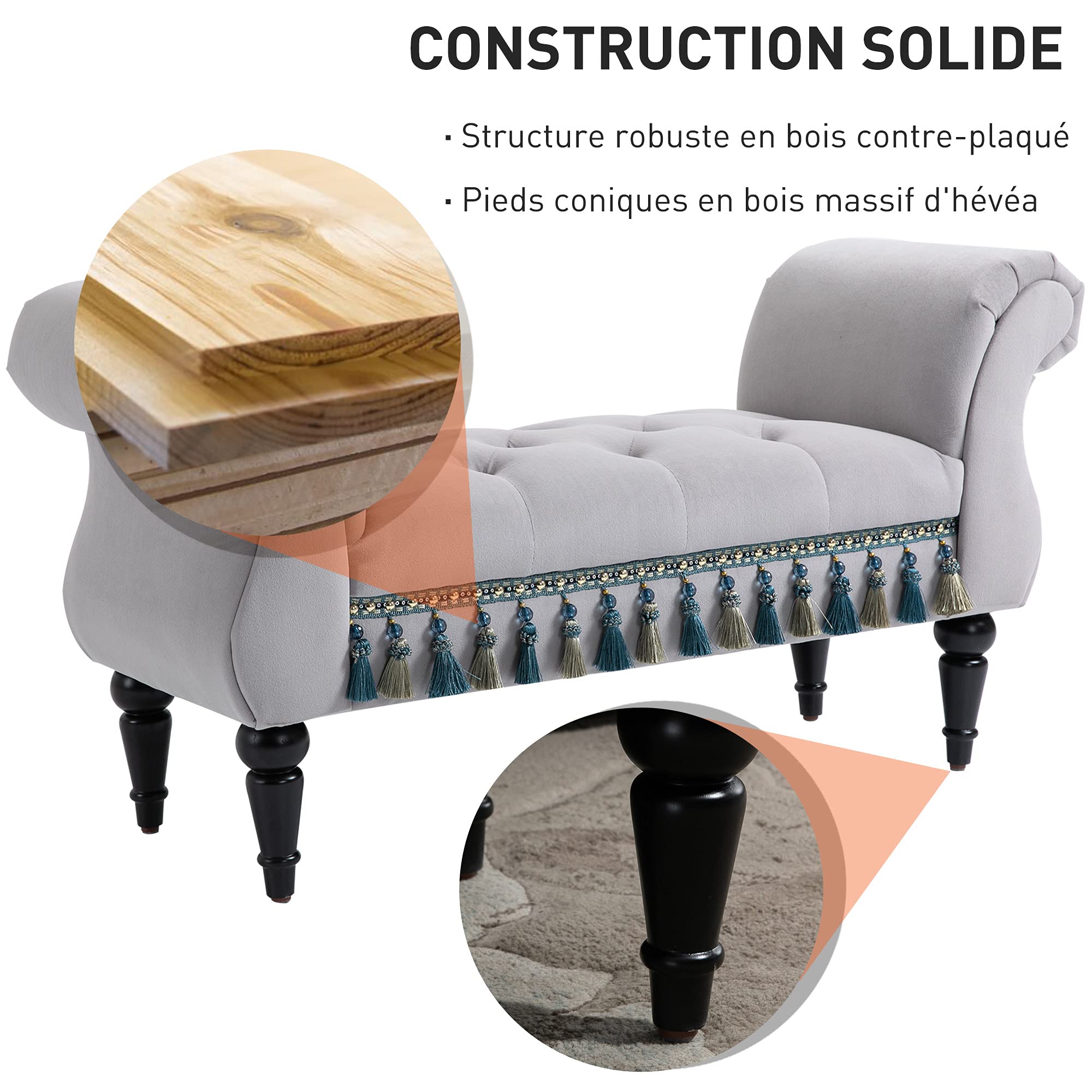 HOMCOM - Banco acolchado de terciopelo para cama con reposabrazos, patas de madera de caucho, 40 x 117 x 58 cm, color gris