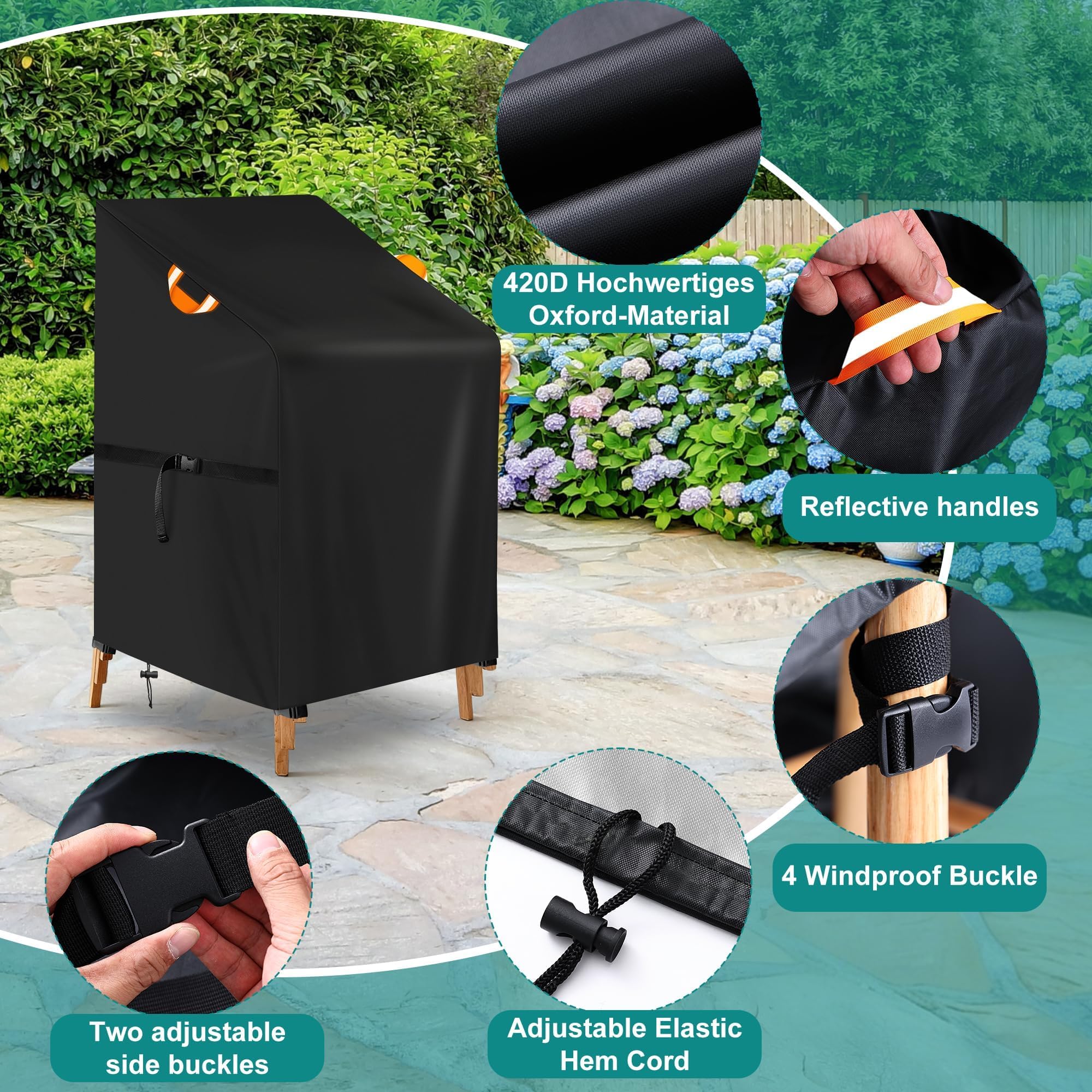 Copri Sedie Da Esterno 70x70x85/125CM, Copertura Per Sedie Da Giardino In Tessuto Oxford 420D, Impermeabile, Resistente All'Inverno, Per Sedie Impilabili Con Cordoncino, Antivento, Antistrappo - 4