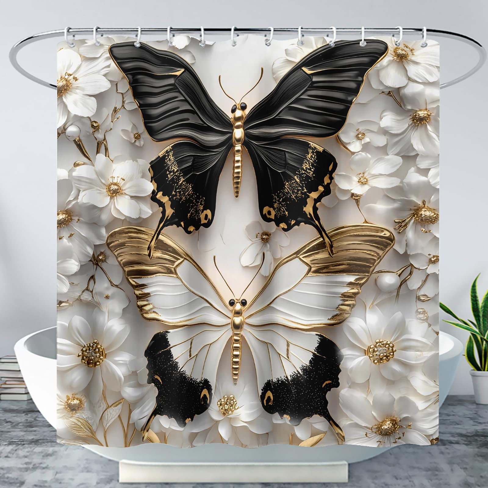 AILONEN Black and White Butterfly Shower Curtain for Bathroom,Gold Flower Butterfly Waterproof Bath Curtain 48