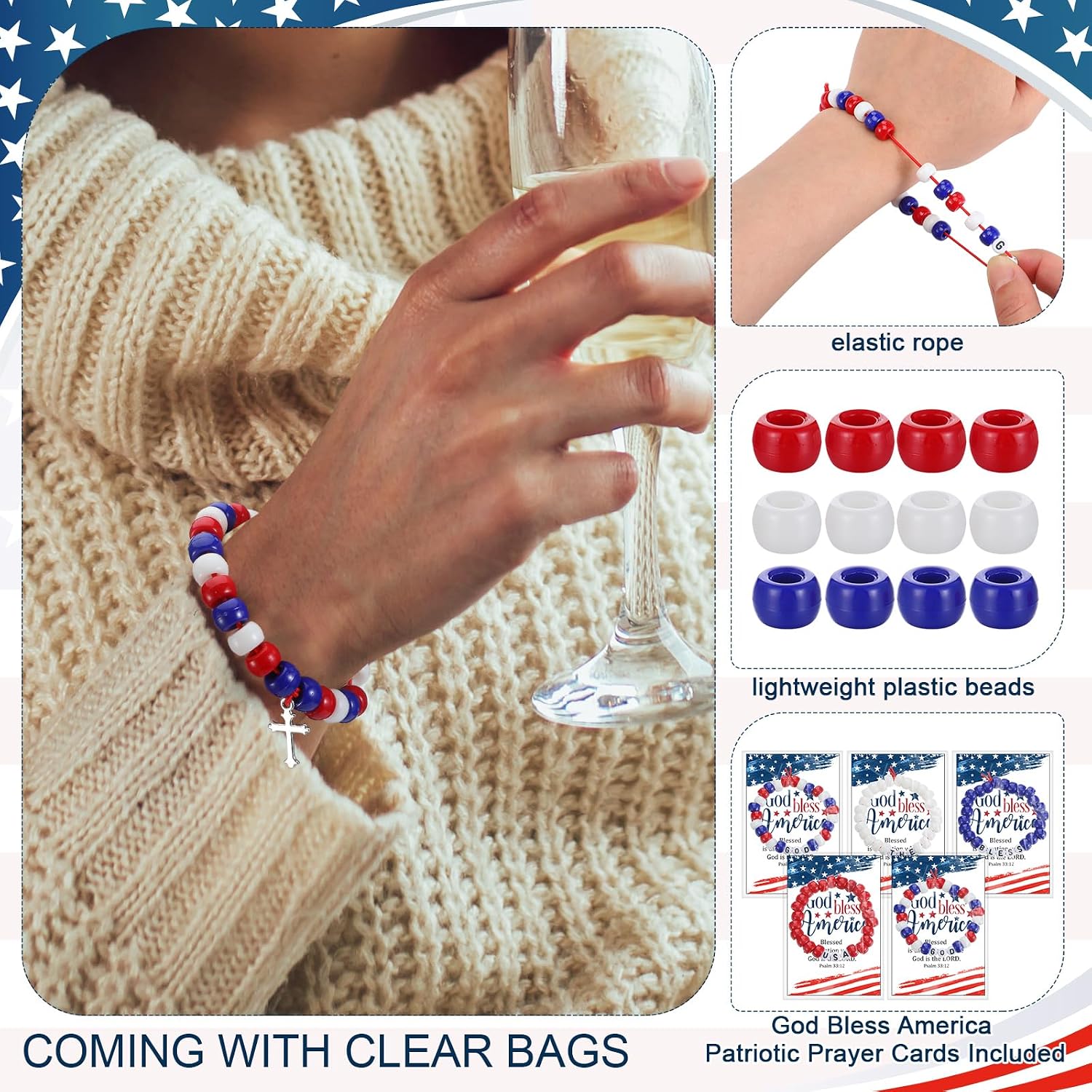 16 Set 4th of July Activities Crafts kits Patriotic Bracelets 250th Anniversary Favors USA Flag God Bless America Prayer Card with Letter Beads Bracelet DIY Making Kit for Independence Day Party