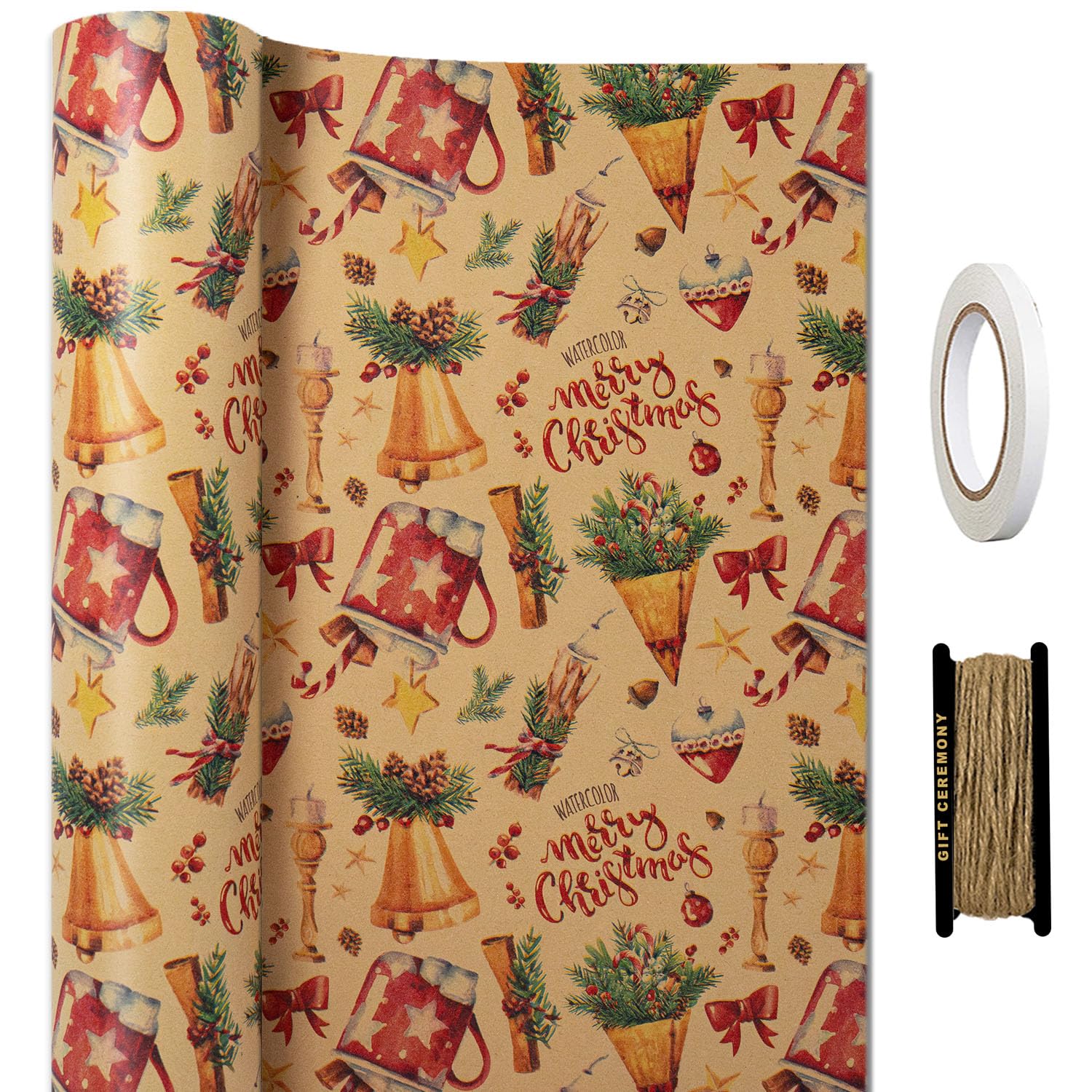 HaloCasa Christmas Wrapping Paper Roll - 1 Recyclable Brown Kraft Paper Roll (43cm x 15m) with Jute Twine and Double-Sided Tape for Gift Wrapping, Advent Calendar