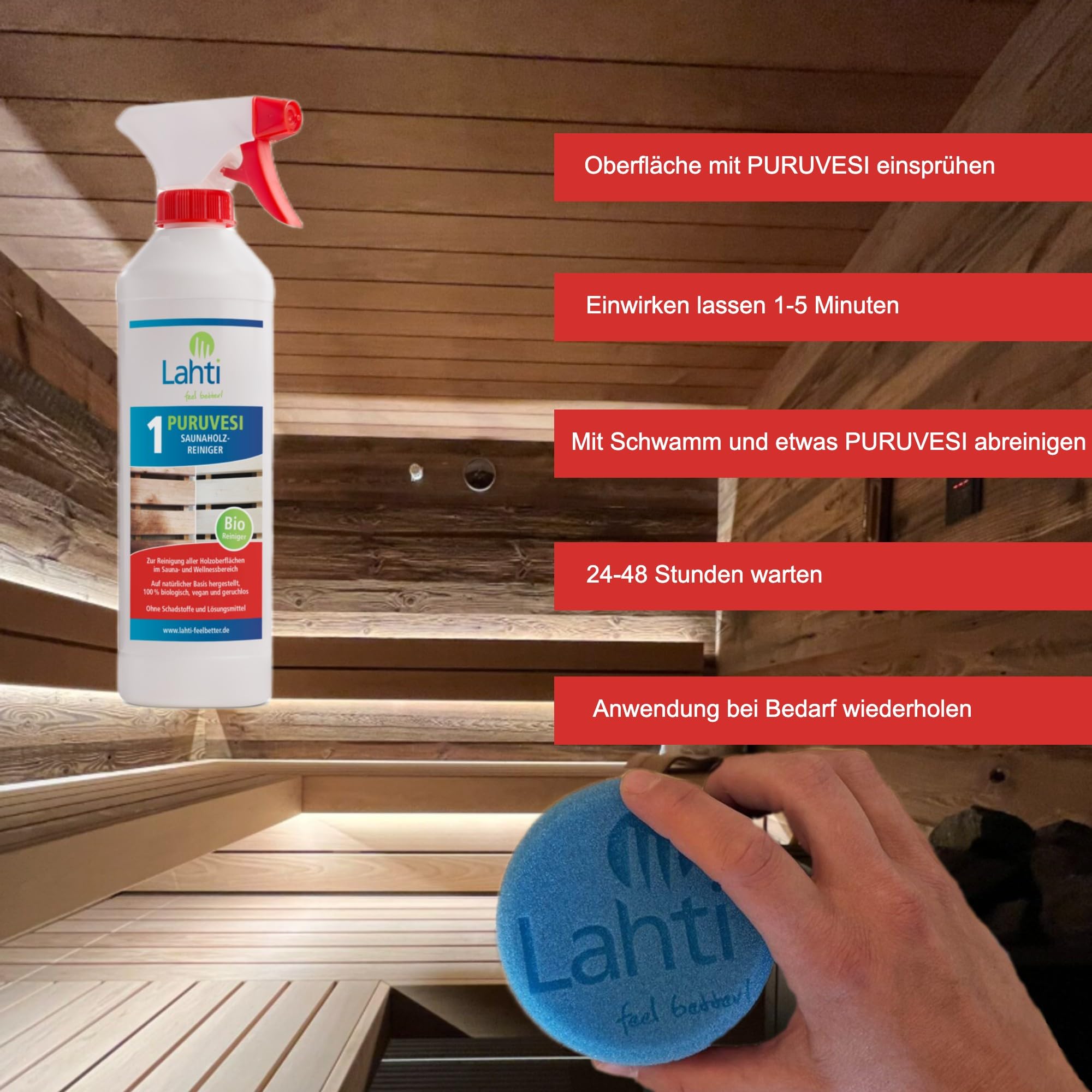 Lahti Sauna PURUVESI – Grundreiniger für Sauna, Infrarotkabine & Dampfbad | gegen Schweiß & Rückstände | alkoholfrei, für alle Oberflächen | Made in Germany (0,5 Liter)
