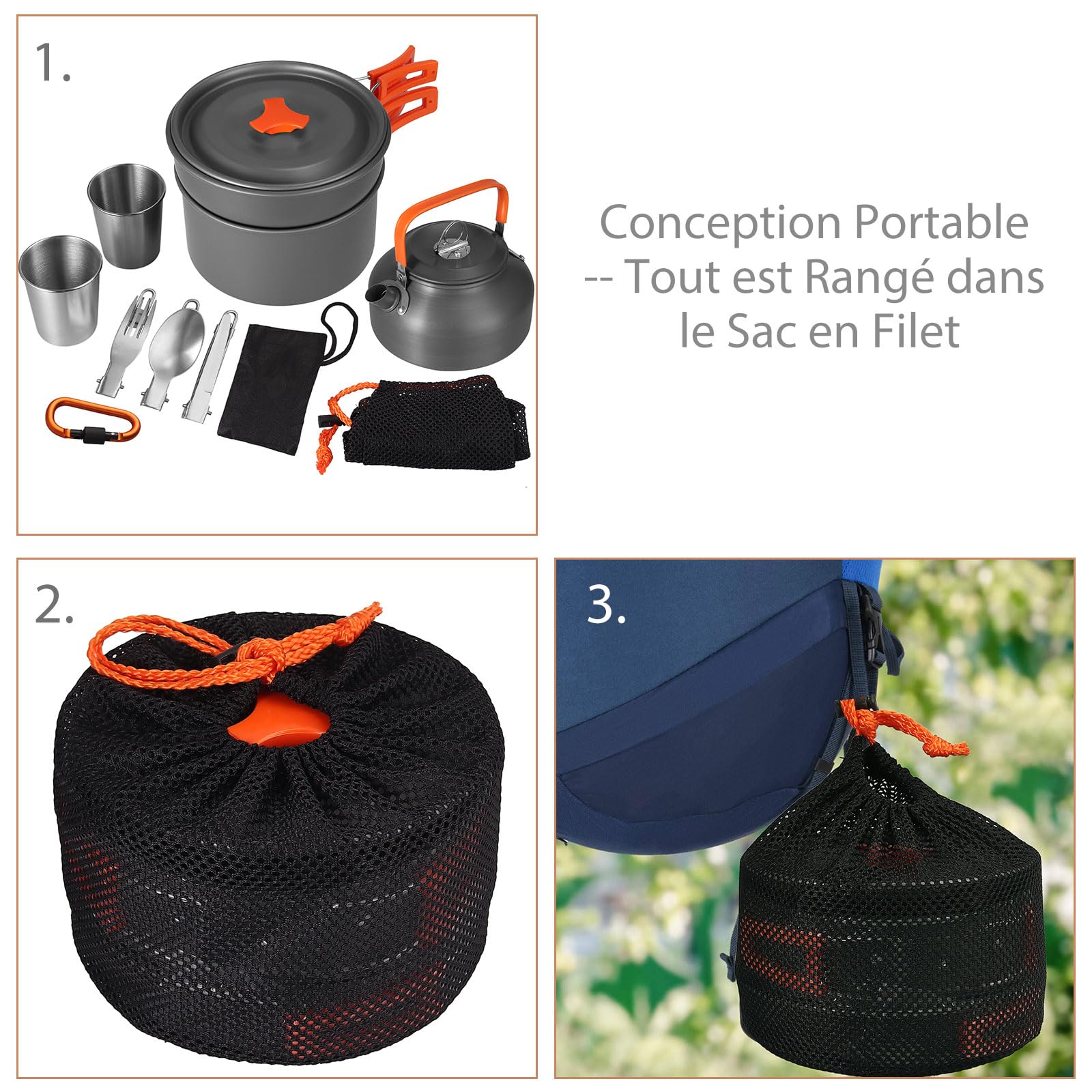 Accessoire Camping, HOMGEN Multi-PCS Kit de Casseroles Camping Légère pour 2 à 3 Personnes Ustensiles de Cuisine de Camping en Aluminium Durable pour Randonnée Camping Pêche