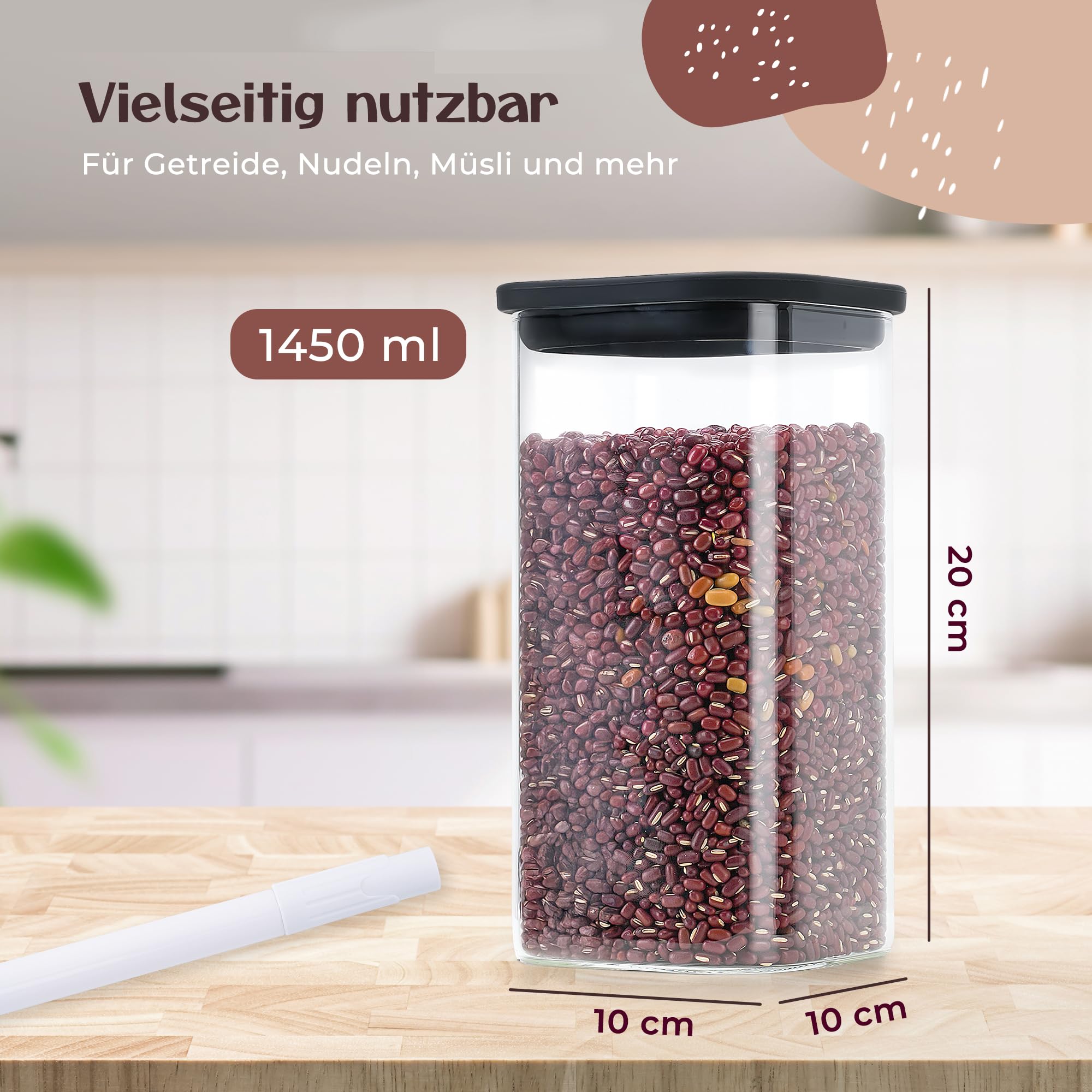 Vorratsgläser mit Deckel (4 x 1450 ml) – Vorratsdosen Glas mit Deckel, luftdicht & mottensicher | eckige Aufbewahrungsgläser mit Glasdeckel | Vorratsbehälter Glas in Schwarz