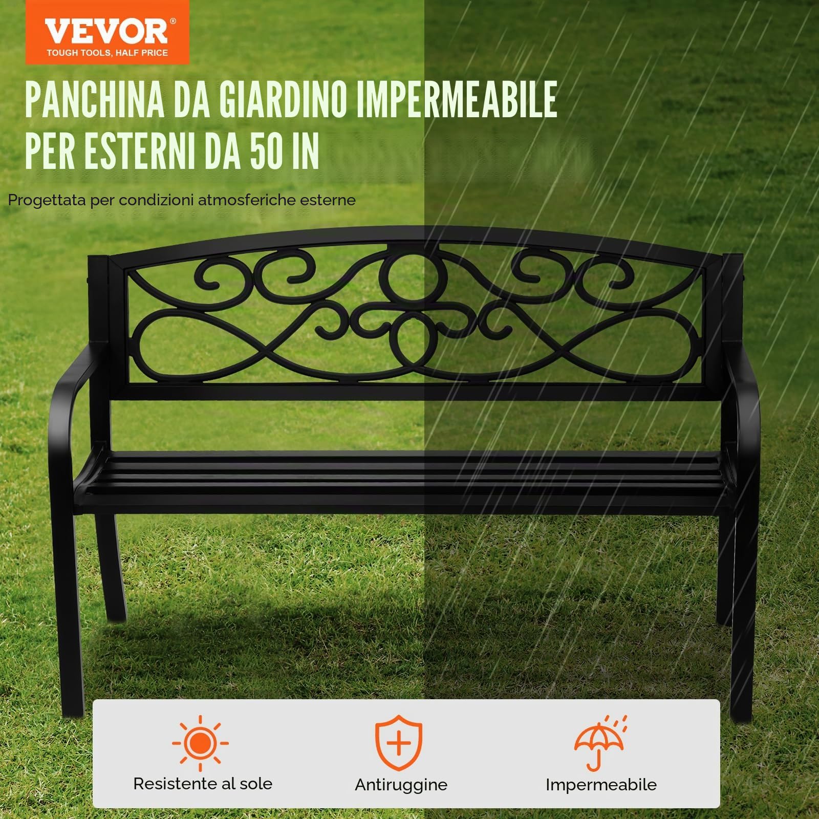 VEVOR Panchina da Esterno da 52,7 x 127 x 81,8 cm Panchina da Giardino in Metallo per Esterni, Capacità di Carico di 250 kg Panchina da Giardino con Schienale, Braccioli, per Parco, Cortile, Portico