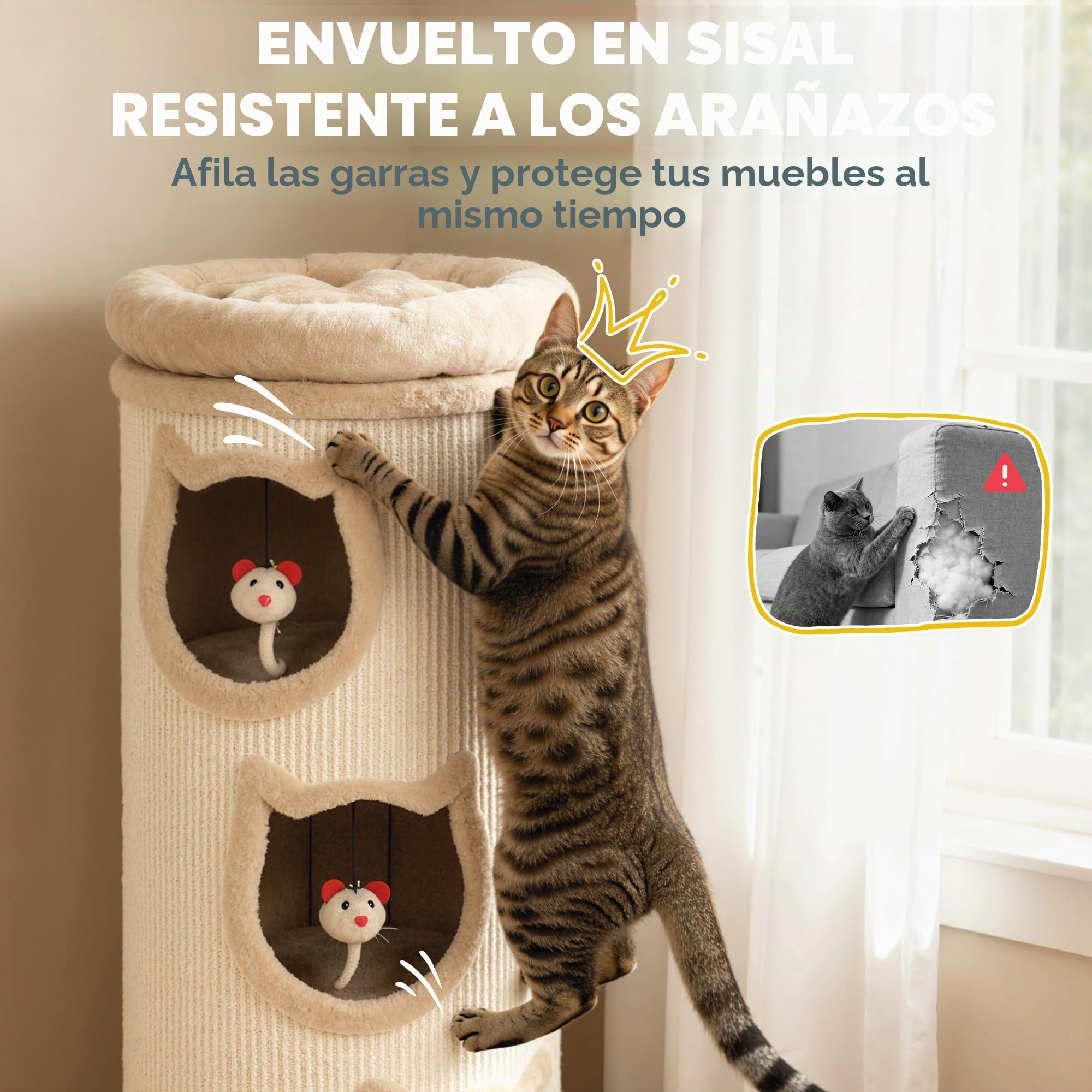 PawHut - Barril para rascar (96 cm, sisal y Borde de Felpa, 3 Niveles con Plataforma, árbol de Gato Estable para Gatos pequeños y Grandes, Garras y Juegos, Ø 38 cm, Crema