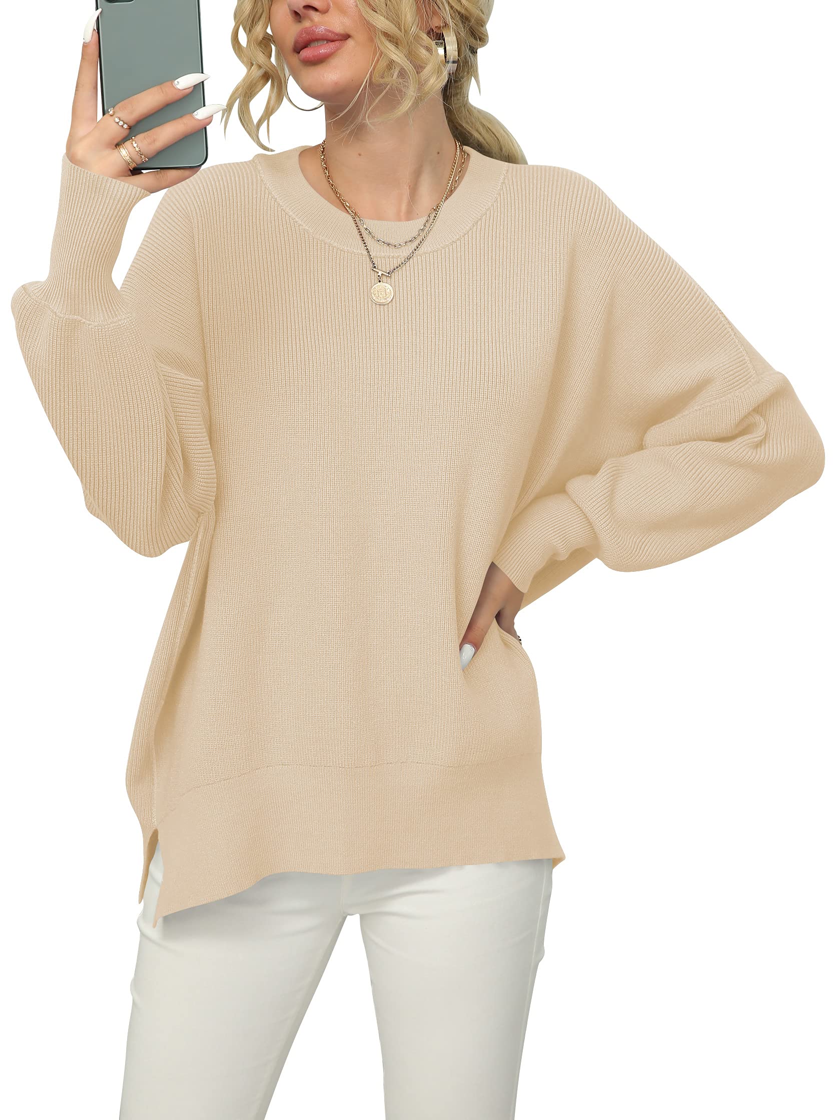 LOGENEWomen's Oversized Batwing Long Sleeve Crewneck Side Slit Ribbed Knit Pullover Sweater Tops
