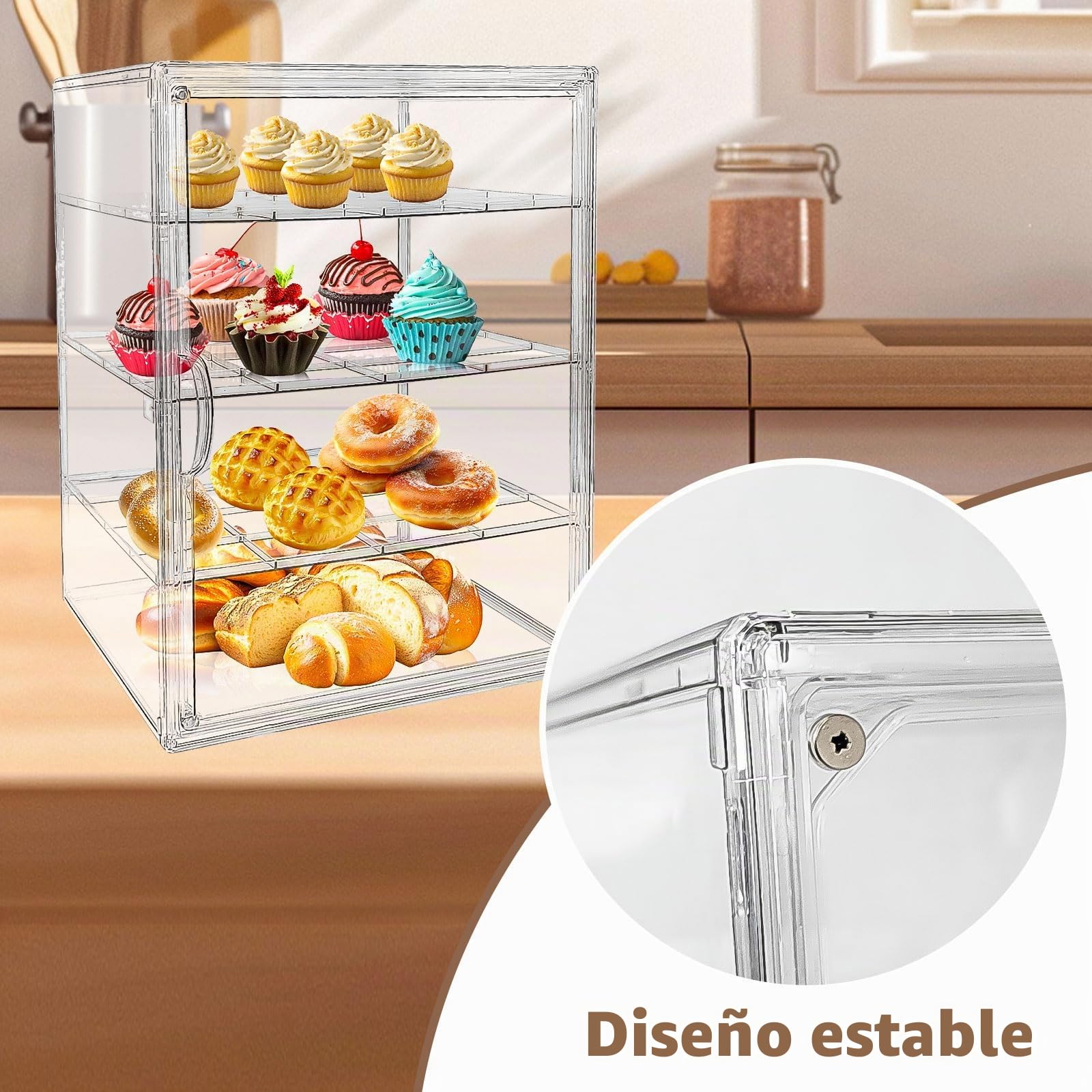Paneras para Guardar el Pan Transparente, Bread Box de 4 Niveles Ajustables, con Puerta Magnética, Material Pet, con Pinzas de Bambú, para Guardar Donuts, Pan y Pasteles