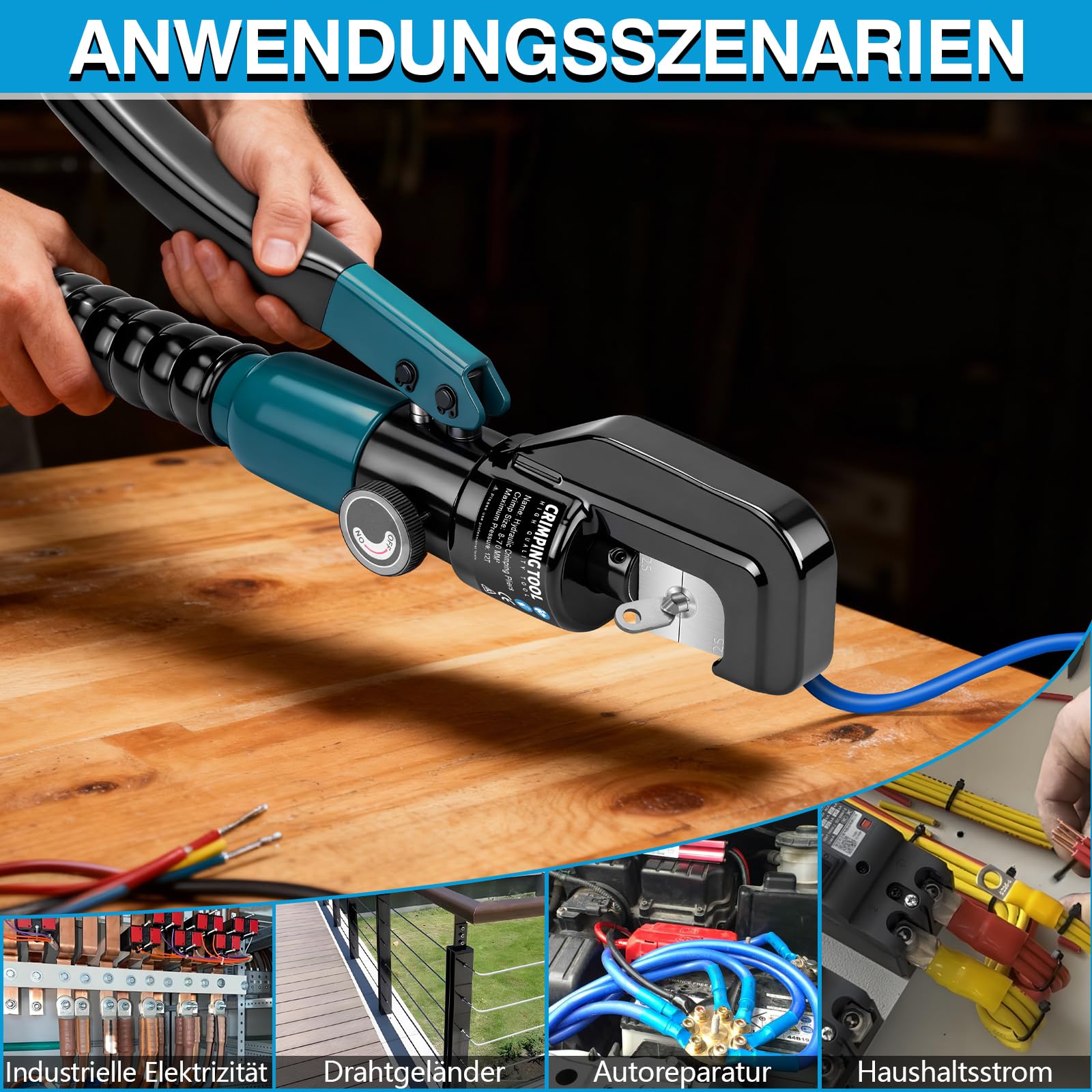Crimpadora hidráulica con tijeras para cables, 9 juegos de moldes de crimpado 4-70 mm² para trabajos de cables, reparación de coches, barandillas de malla de alambre, color azul