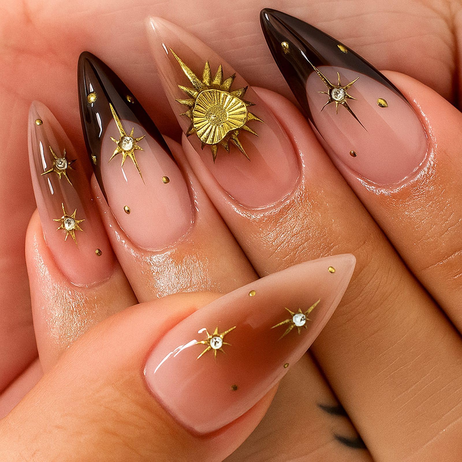 [Stiletto False Nails - Long Glossy Press On Nails with 3D Gold Sun & Star Designs, Nude to Brown Ombre Glam Acrylic for Party Wedding Daily Wear, Reusable Full Cover Tips]