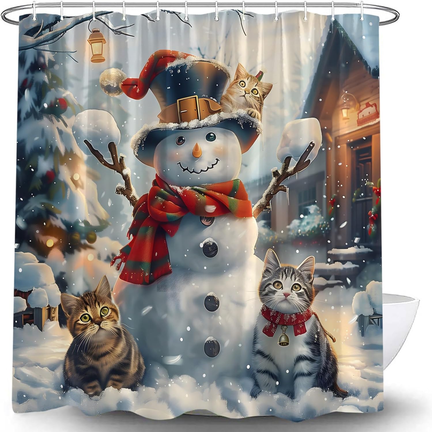 Winter Christmas Shower Curtain Cute Funny Snowman Cat Xmas Pine Tree Snowflake Rustic Farmhouse Snow Scene Merry Christmas Winter Holiday Happy New Year Fabric Bath Curtain with Hook