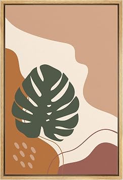 bestdeal depot Framed Canvas Print Wall Art Green Monstera Leaf in Abstract Desert Floral Wilderness Illustrations Modern Art Southwest Warm for Living Room, Bedroom, Office - 24"x36" NATURAL