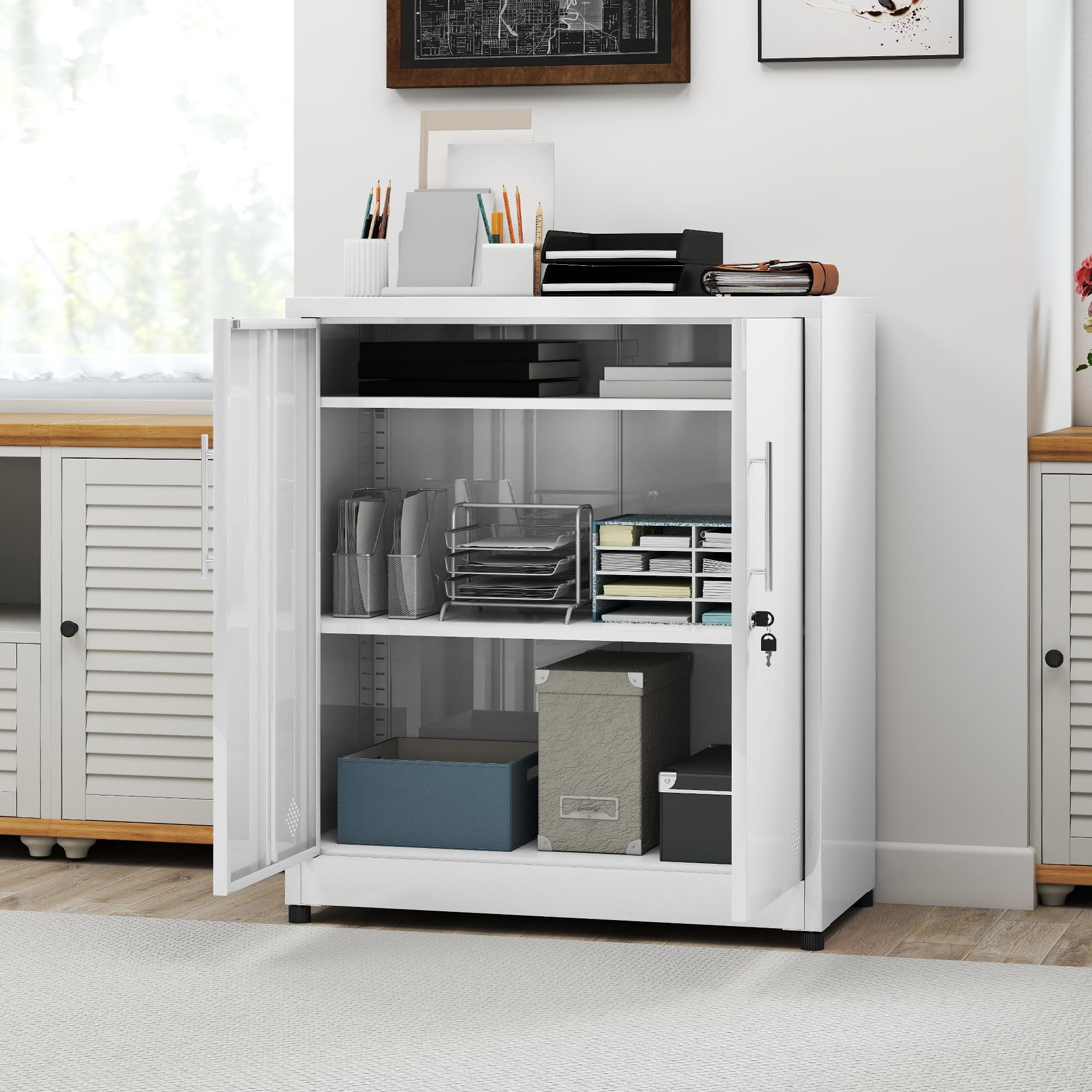 DWVO Armario de Almacenamiento de Metal de 2 Puertas, archivadores con Cerradura con estantes Ajustables y 2 Llaves, archivador Vertical, Armario de Almacenamiento para Oficina, baño u hogar, Color