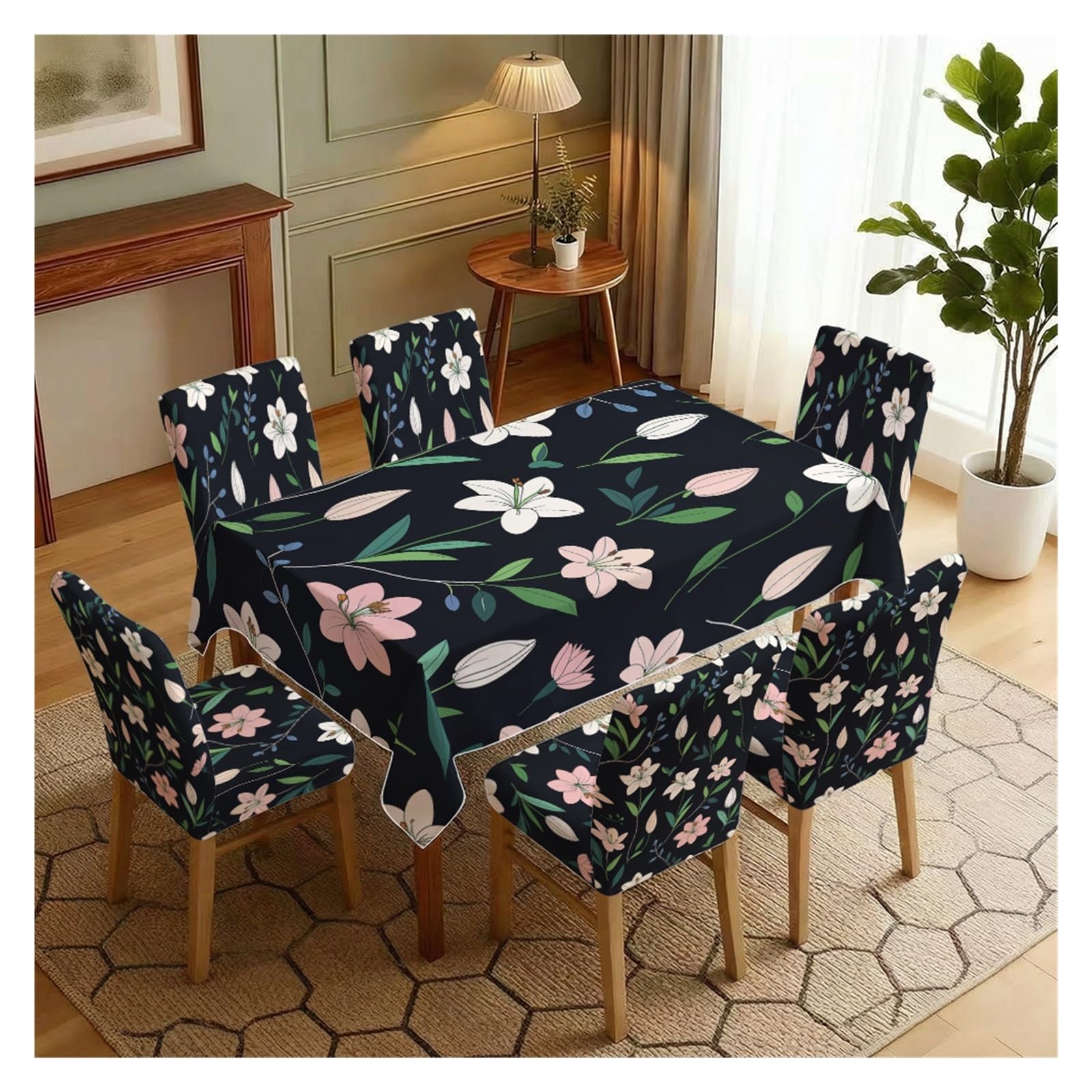 BOSUYBN Stretch Dining Chair Slipcover & Tablecloth Set, Black Base Pink White Lily Floral Print, 5/7 Pack, Elegant Botanical Home Decor Table Setting(7pcs Set: Tablecloth+Chair Covers)