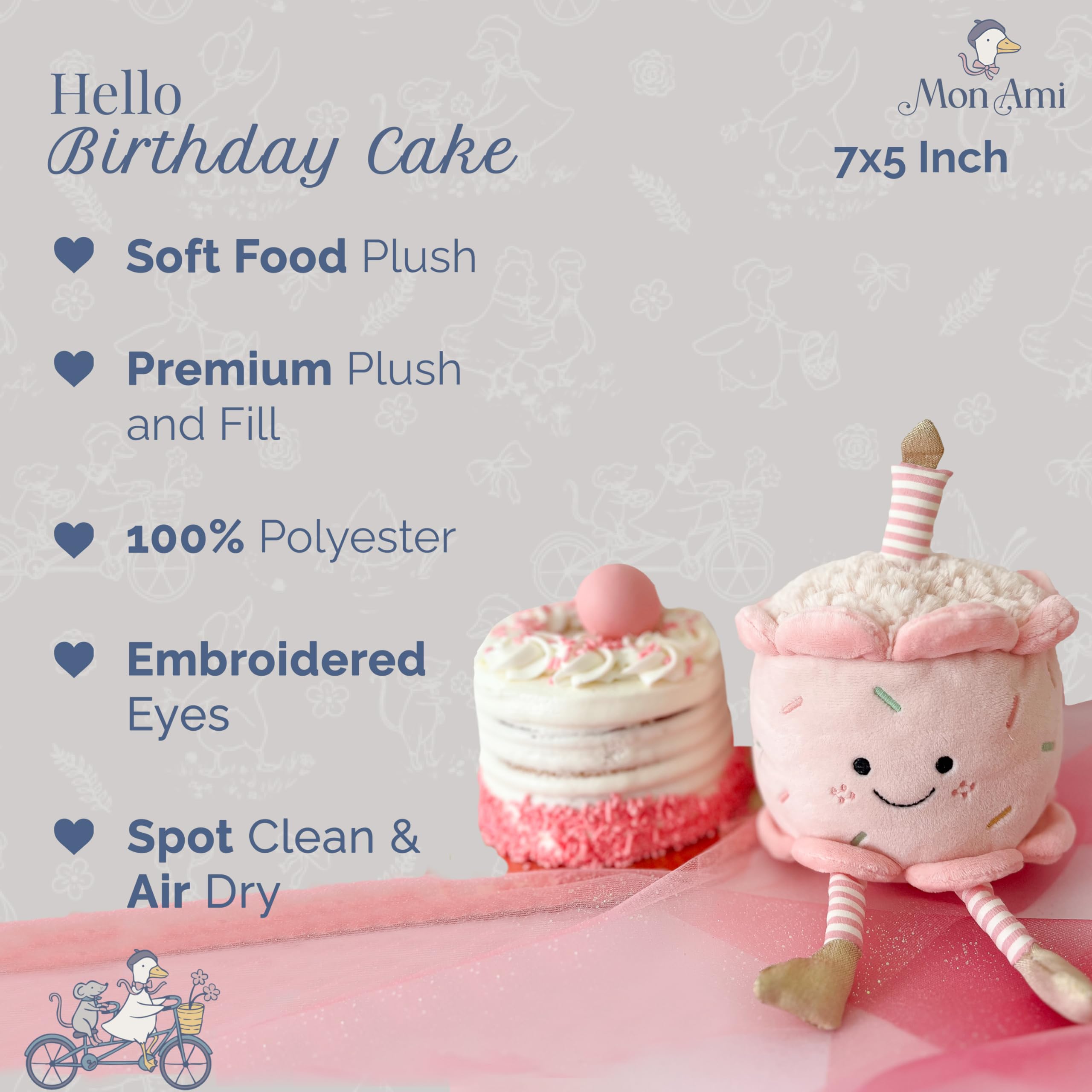 MON AMI  Soft Stuffed Plush Toy – 7”, Handcrafted Squishable Fruit Plushie, Use as Toy or Nursery Room Décor, Great Gift for Kids of All Ages: Birthday Cake (Pink)