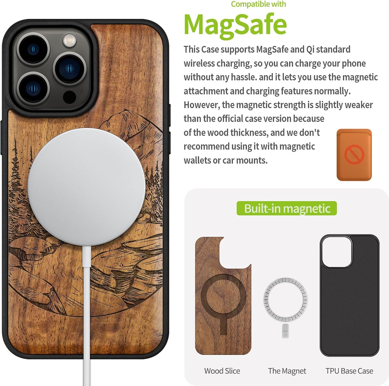 Carveit Magnetic Wooden Case for iPhone 15 Pro Max Case, Compatible with MagSafe Wireless Chargers, Black Soft TPU Shockproof Cover & Wood Artisan Engraved (Lake and Mountain) - Walnut