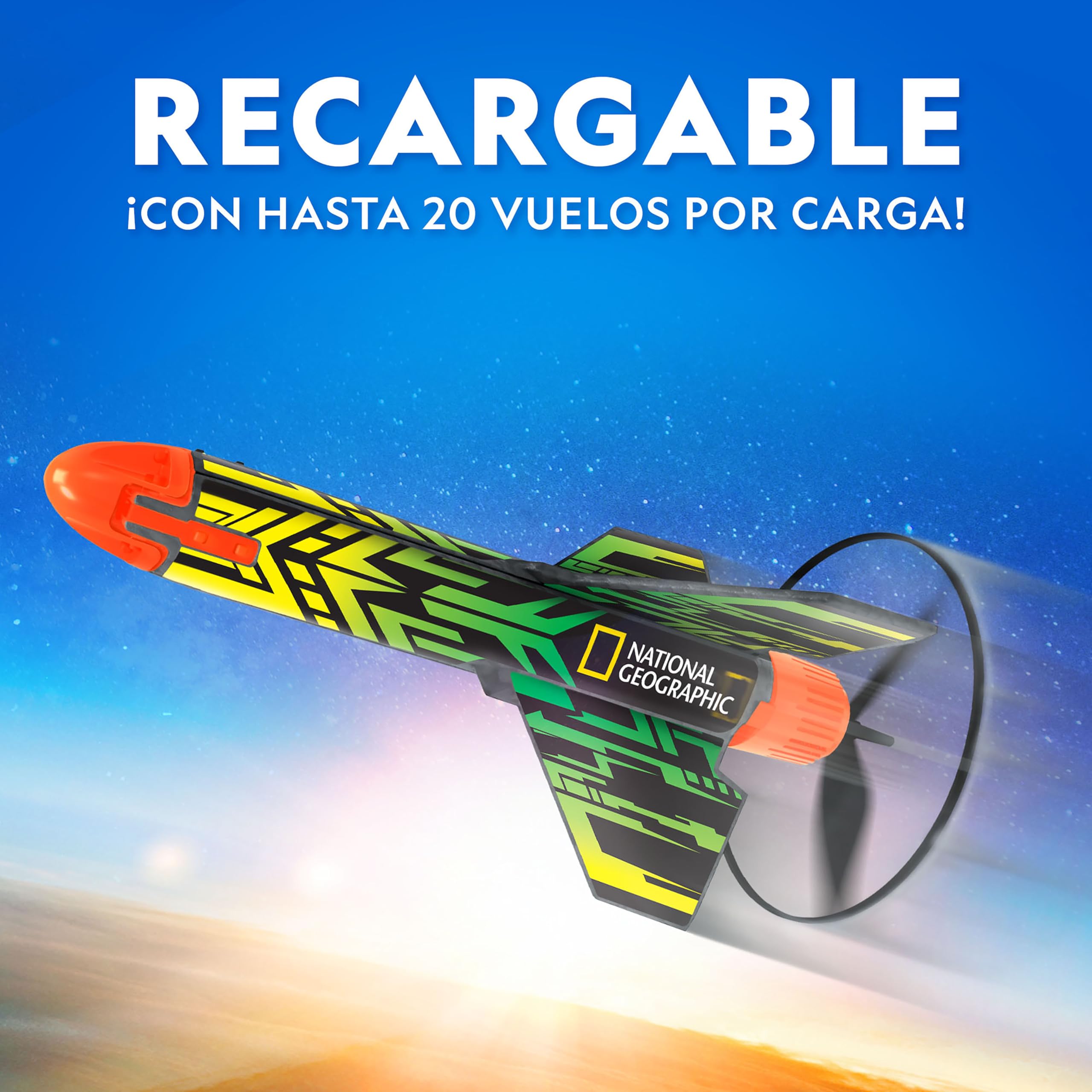 National Geographic Power Rocket para Niños y Niñas – Cohete Motorizado con Base de Lanzamiento, Alcanza hasta 60 Metros, Juguete Recargable con Aterrizaje Seguro, Juguete de Exterior para Niños