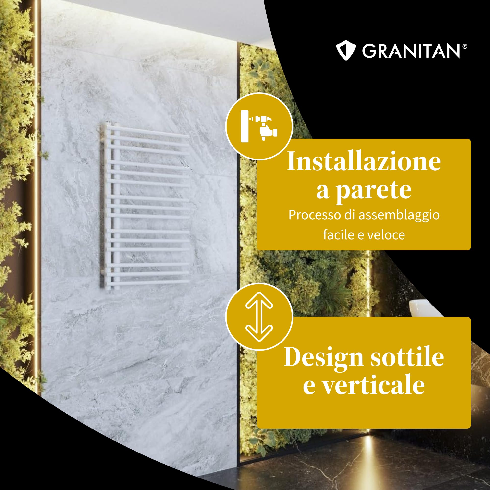 Granitan Termoarredo Bagno 90x50 cm - 400W - Termo Arredo da Bagno - Termoarredo Idraulico - Termosifone da Parete - Bianco