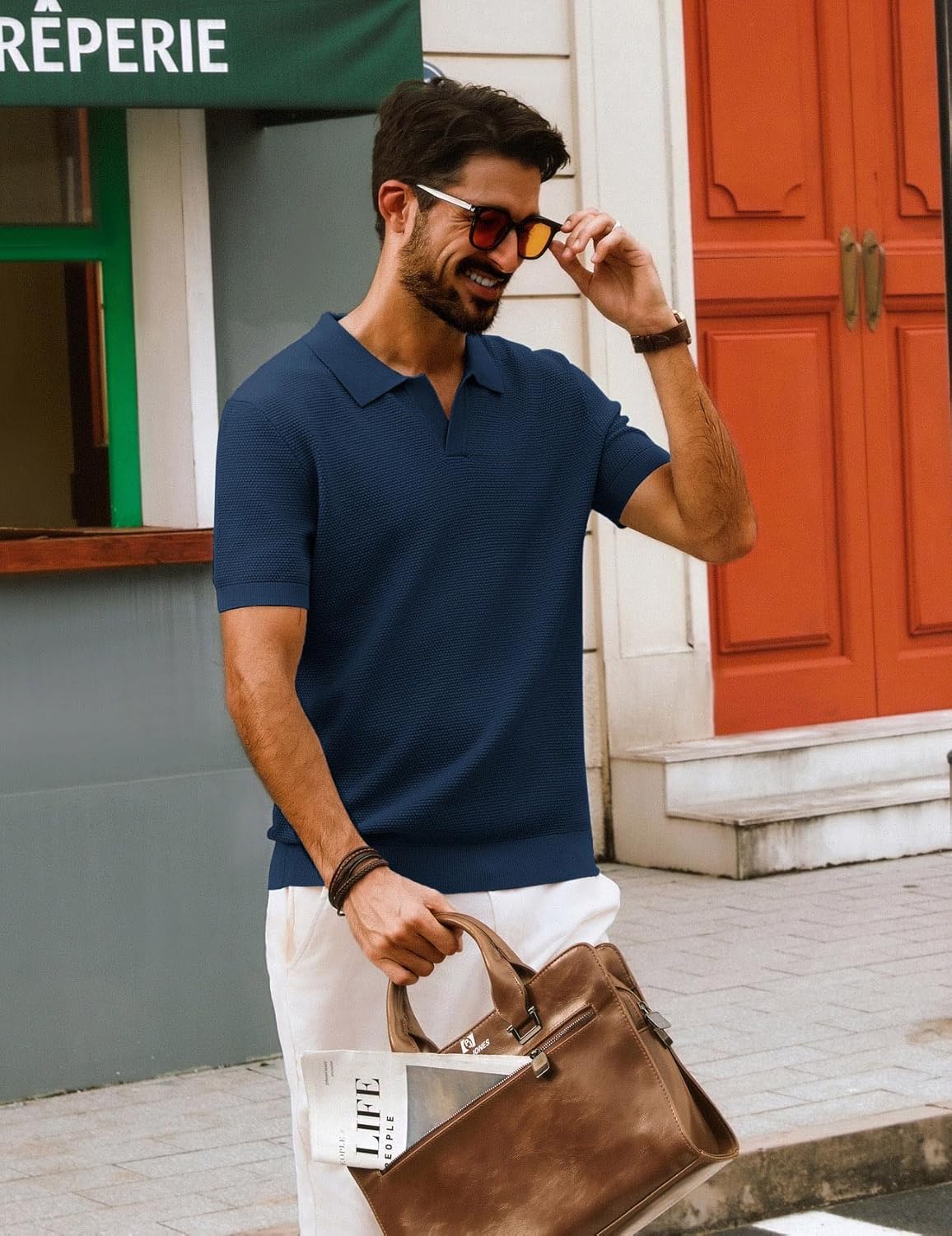 PJ PAUL JONES Mens Polo Shirts Short Sleeve Textured Knit V Neck Shirt Casual Golf Shirts Stylish Old Money Tops - Image 4