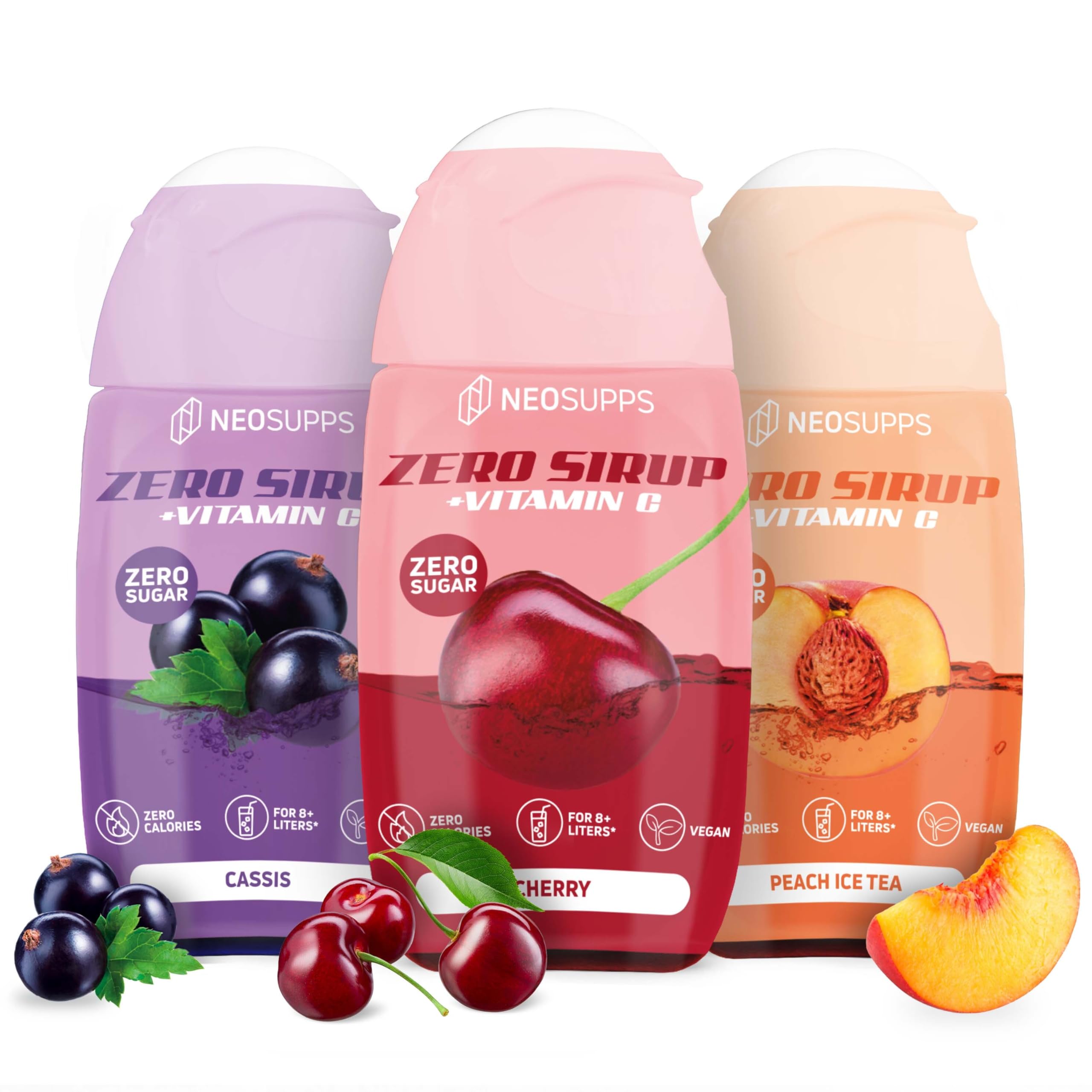 Neosupps Zero Sirup 3er Bundle – Cherry, Peach Ice Tea & Cassis – 3x 65 ml natürlicher Getränkesirup mit Vitamin C, 1x Flasche ergibt 8 L Fertiggetränk, Zero Kalorien & zucker, Fertiggetränk