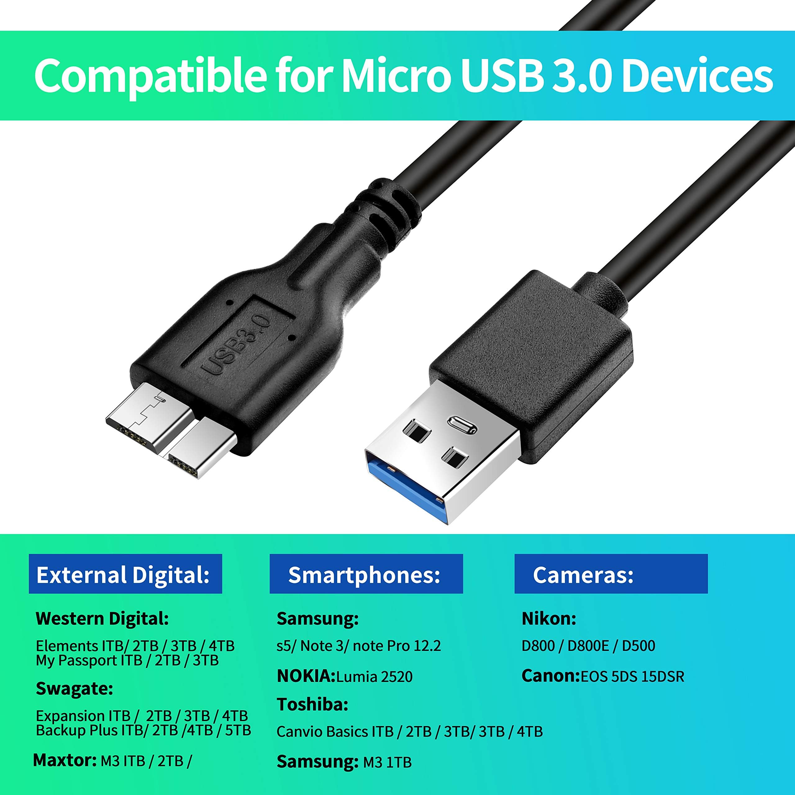 Cavo micro B, USB 3.0 A maschio a micro USB 3.0, cavo di sincronizzazione dati per Samsung, My Passport e altri hard disk esterni (35 cm/nero)