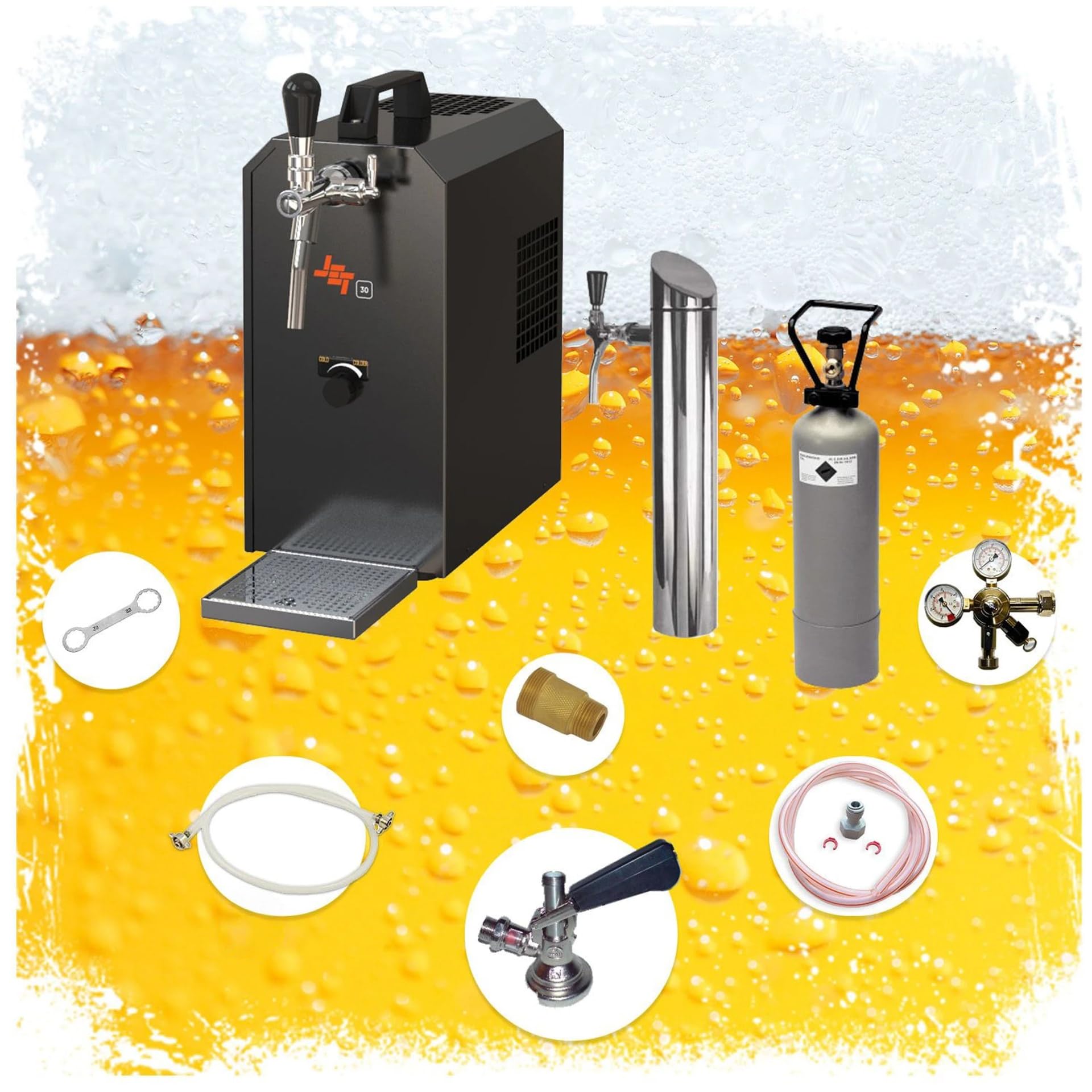 Sistema de tiro de cerveza Jet 30 bajo mostrador, enfriador en línea de 1 línea, enfriador seco, hasta 35 L/h, con columna, regulador CO2, botella 2 kg, juego de todo cabezal