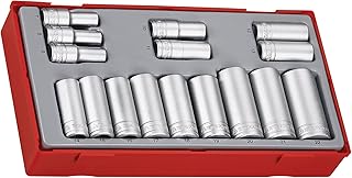 Teng Tools 16 Piece 3/8 Inch Drive Metric 6 Point Deep Socket Set Tool Tray (7mm - 22mm) - TT3816, Silver