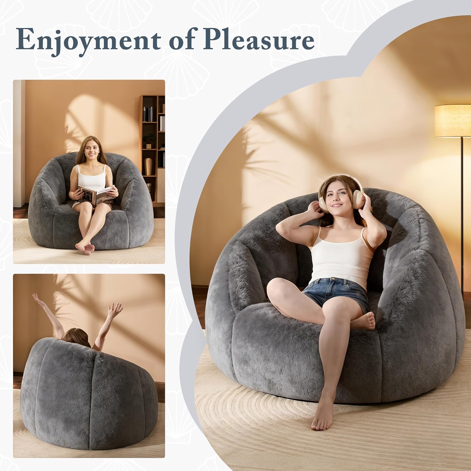 Comfy Giant Bean Bag Chair for Adults and Kids, Oversized Loveseat Bean Bag Sofa Couch, Faux Fur Round Large Accent Chair with Filler, Stuffed Big Reading Lounge Floor Sofa for Gaming, Napping, Grey - Image 3