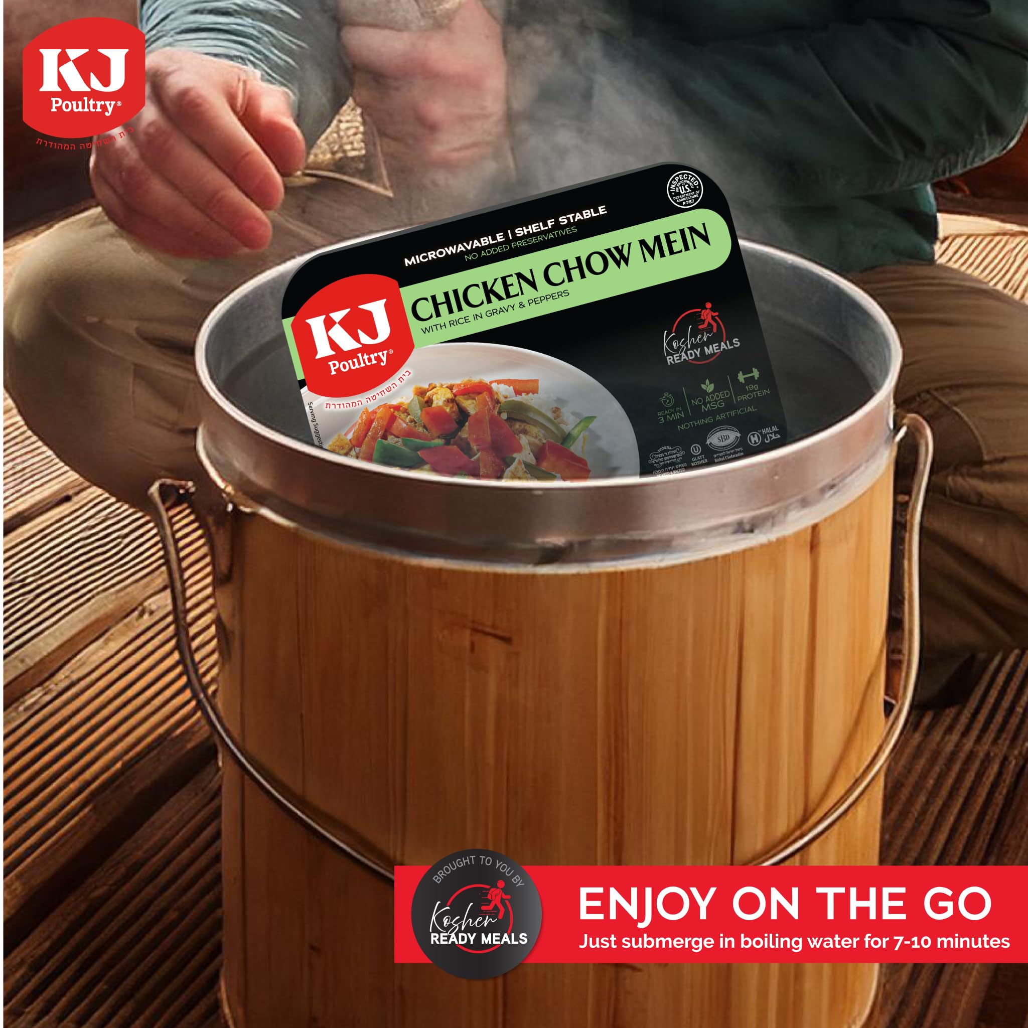 KJ Poultry Kosher Ready Meals - Chicken Chow Mein, MRE Meat Meals Ready to Eat, Gluten Free, Halal, (1 Pack) Prepared Entree Fully Cooked, Shelf Stable Microwave Dinner Travel Military Camping