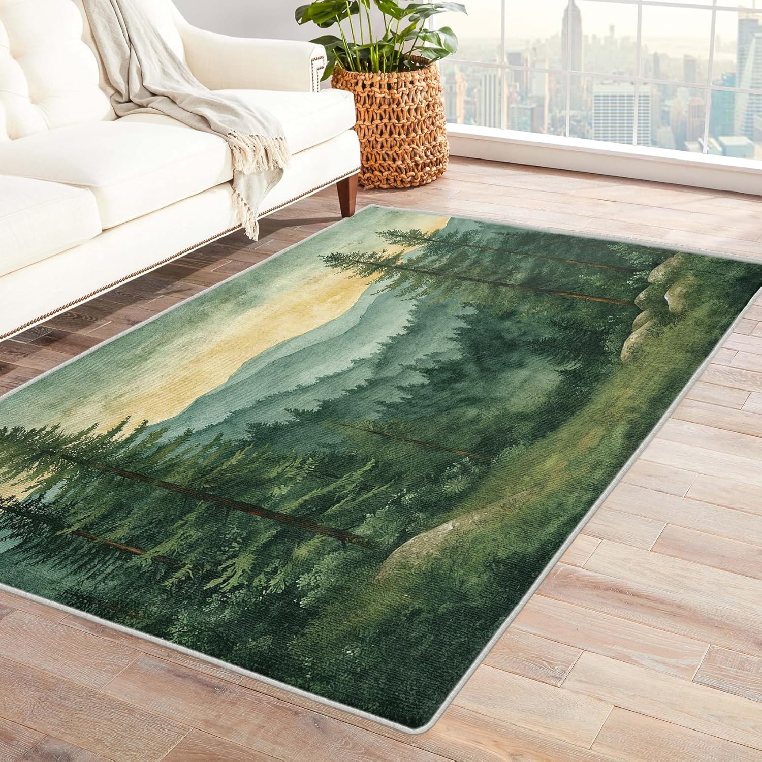 Misty Forest Rug, 3x5 Rug, Mountain View Rugs for Entryway, Dark Green Small Area Rug, Washable Rug Non Slip Soft Indoor Carpet, Woodland Theme Home & Decor