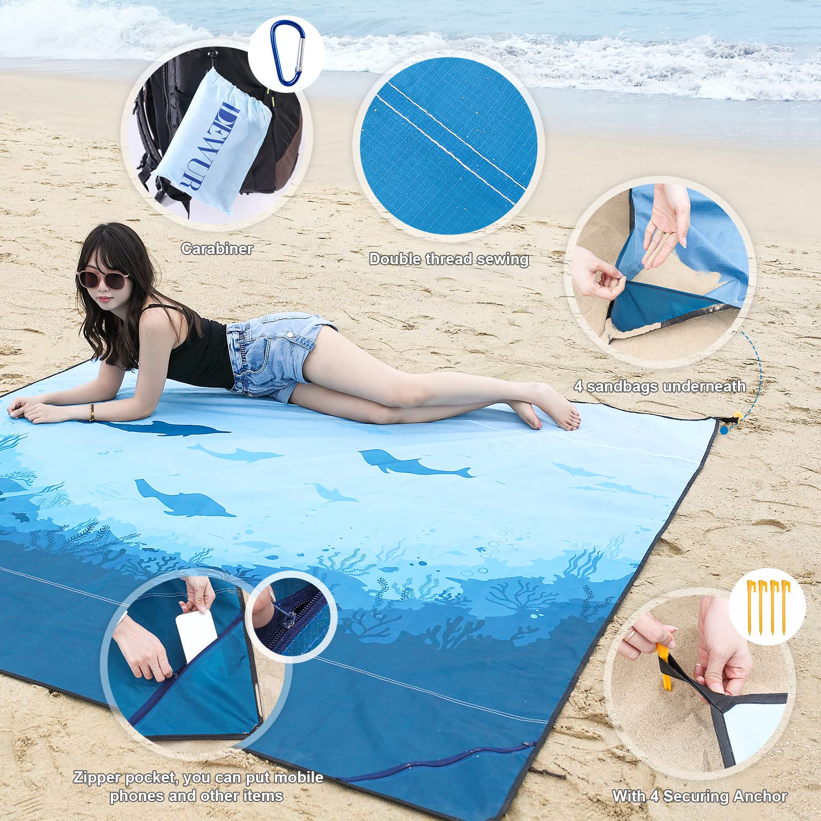 DEWUR Koc plażowy XXL, odporny na piasek, wodoszczelny, mata plażowa, koc piknikowy, duży na urlop, plażę, kemping, podróż (210 x 200 cm, morskie ryby)