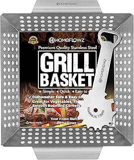 Homeflowz Heavy Duty Grill Basket and Scraper – Large Vegetable Grill Basket for more Veggies - Stainless Steel Grilling Basket - Grill Baskets for Outdoor Grill -Perfect BBQ Basket for All Grills and Vegetable