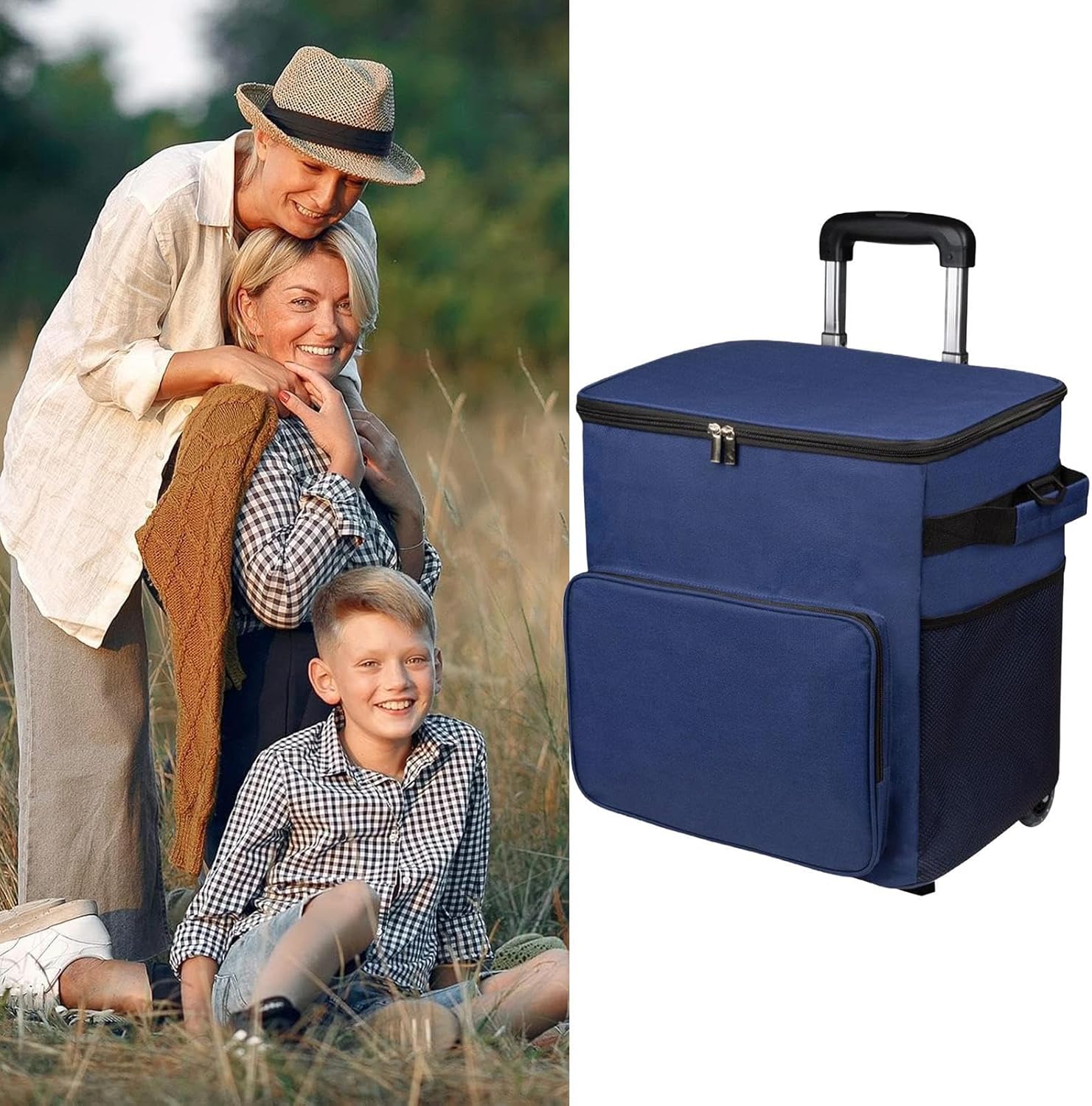 キャスター付きローリングクーラー | ソフトクーラーバッグ,旅行用防水ハンドル付トロリー 35L大容量 屋外 ピクニック 海水浴 買