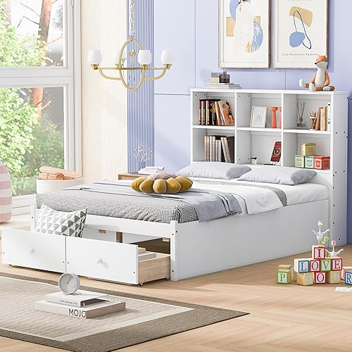 Miniatura 13 de Cama de plataforma de tamaño Queen con cabecero y cajones, marco de cama de plataforma de madera maciza con estantes, puertos USB y enchufes, marco