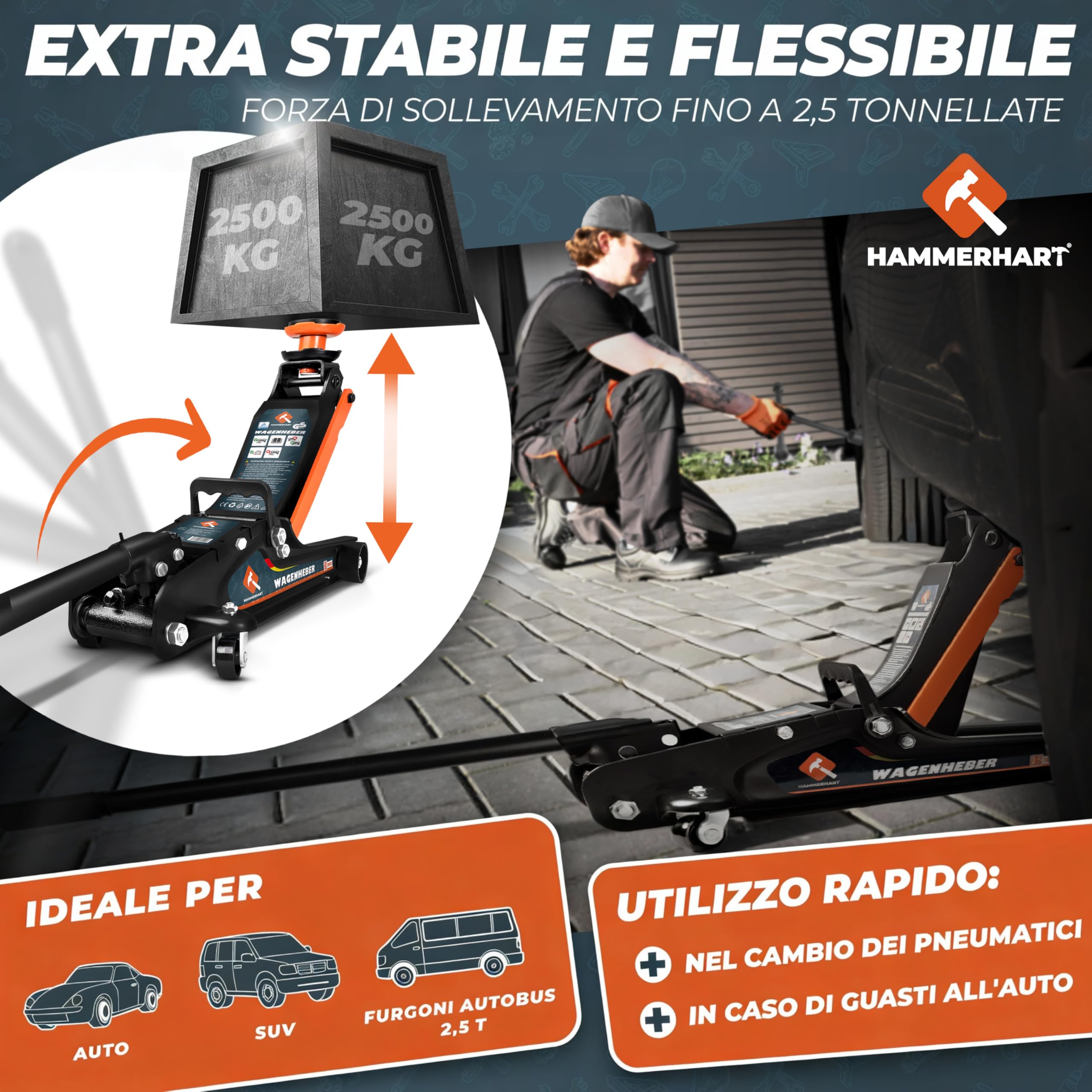 Cric per auto 2,5 tonnellate | Sollevatore auto certificato TÜV con altezza di sollevamento da 85 a 384 mm | Cric idraulico premium con ruote a 360° e doppio pistone | Cric supporti in gommae valigett