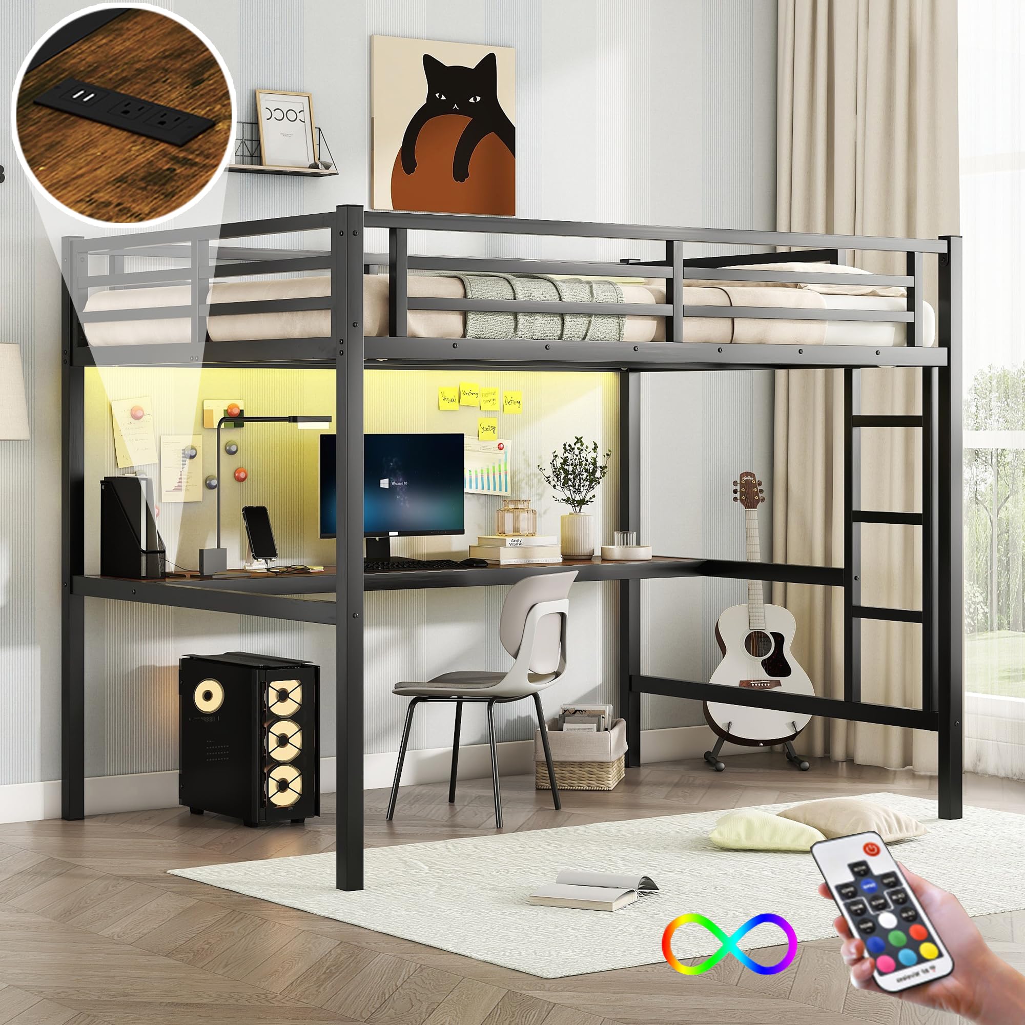 cloblane Full Size Loft Bed with Desk, Metal Full Loft Bed Frame with Power Outlet and LED Lighted, Space-Saving, Noise Reduced, No Box Spring Needed,