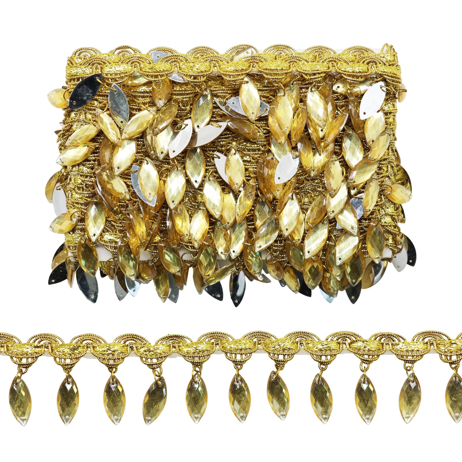 Yalulu 4.5 Yards Crystal Beads Fringe Trim, Polyester Beaded Lace Tassel Fringe Trimming for Latin Dress Stage Clothes Lamp Shade (Gold)
