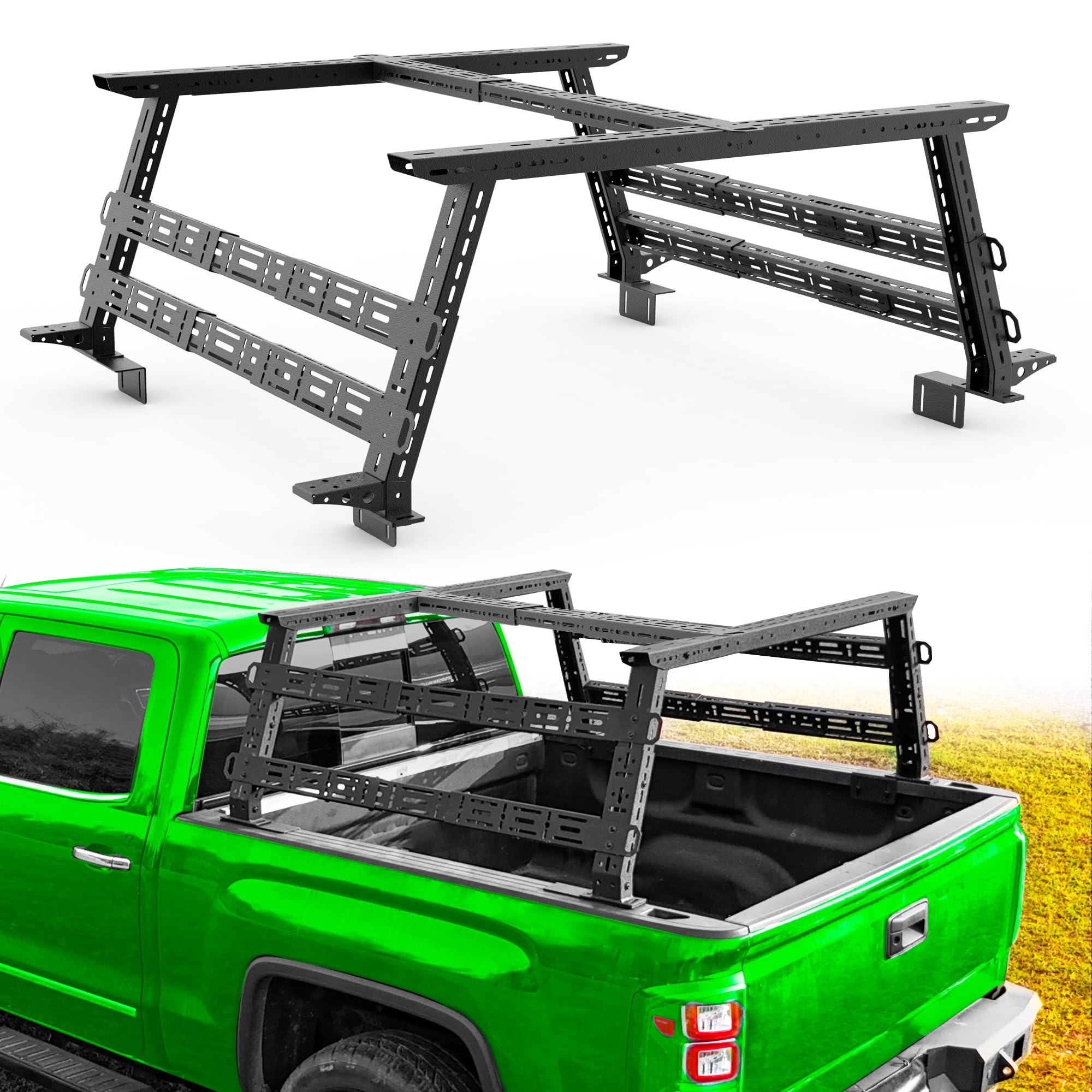 1300 Lbs Load Capacity Adjustable 16'' to 25'' High Truck Bed Racks with 5 Tactical Rigid Molle Panels for Gladiator Tacoma Frontier GMC Canyon Colorado Ranger Maverick Ridgeline Amarok Ladder Rack