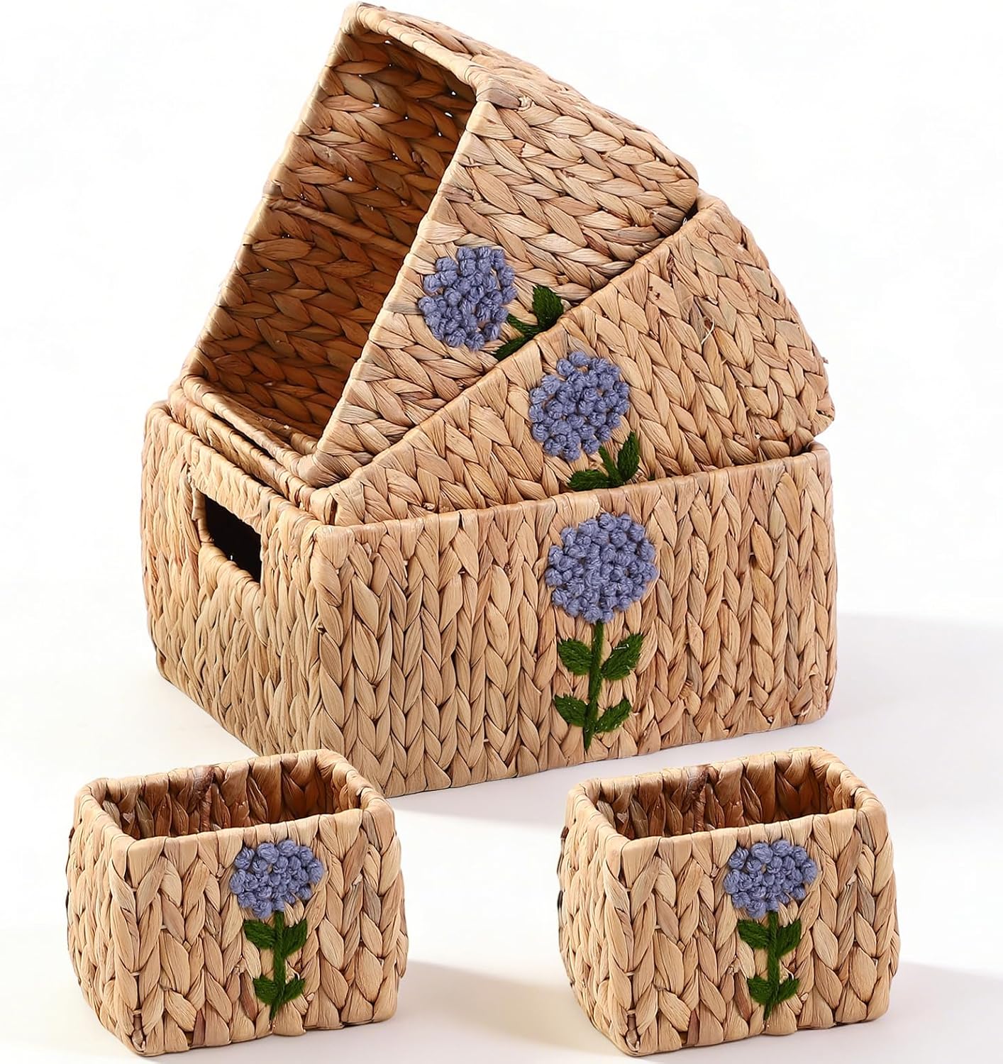 Wicker Storage Baskets Set of 5 - Natural Water Hyacinth Handwoven Organizer Bins with Built-in Handles, Durable Pantry & Shelf Organizers for Bathroom, Laundry & Home Decor