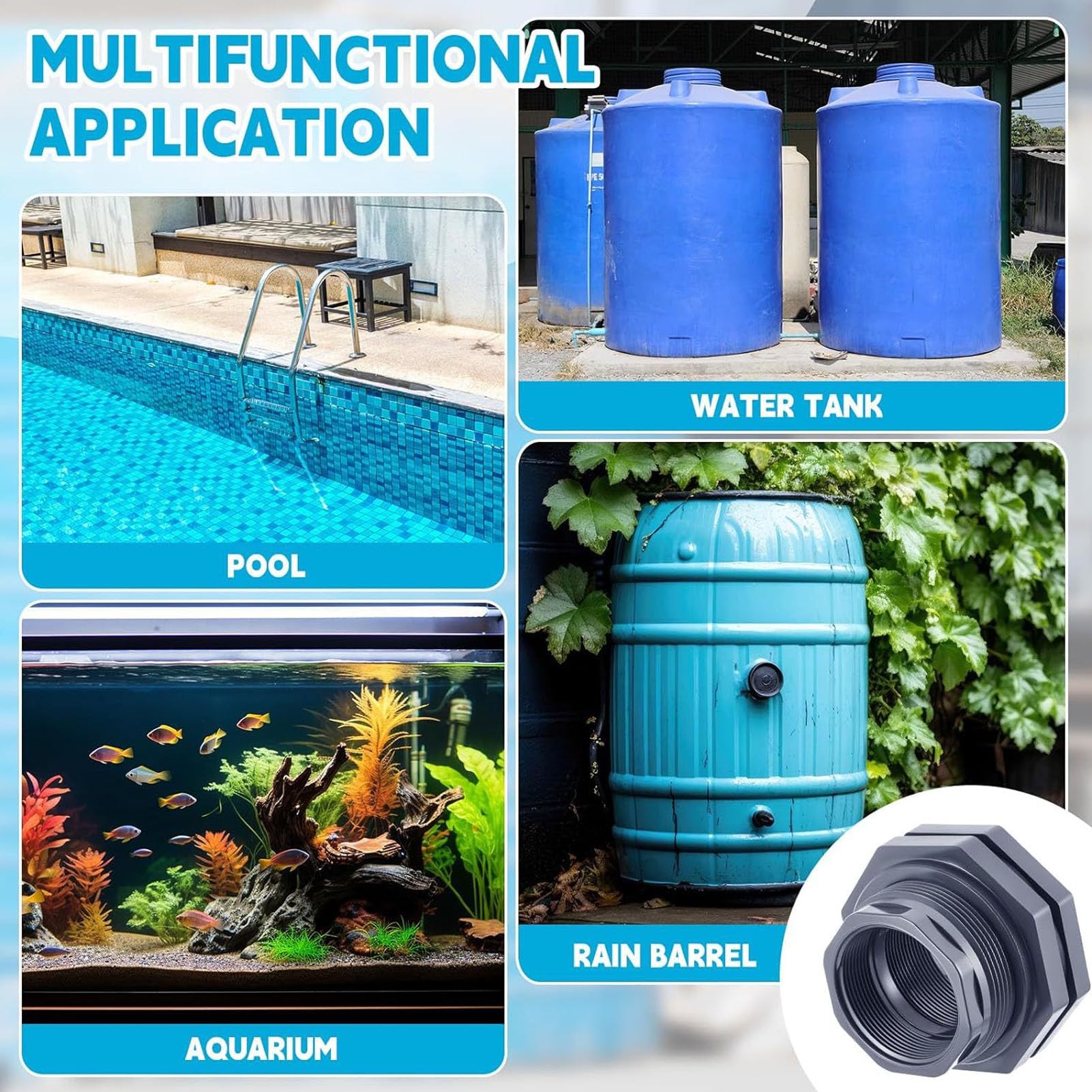 ASHATA Conexión de Tanque de Agua de 3 Pulgadas, Adaptador con Rosca NPT, | Heavy Duty Thru Bulk Pipe Fitting, for Water Tank, Rain Bucket, Aquarium, Bathtub, Pool