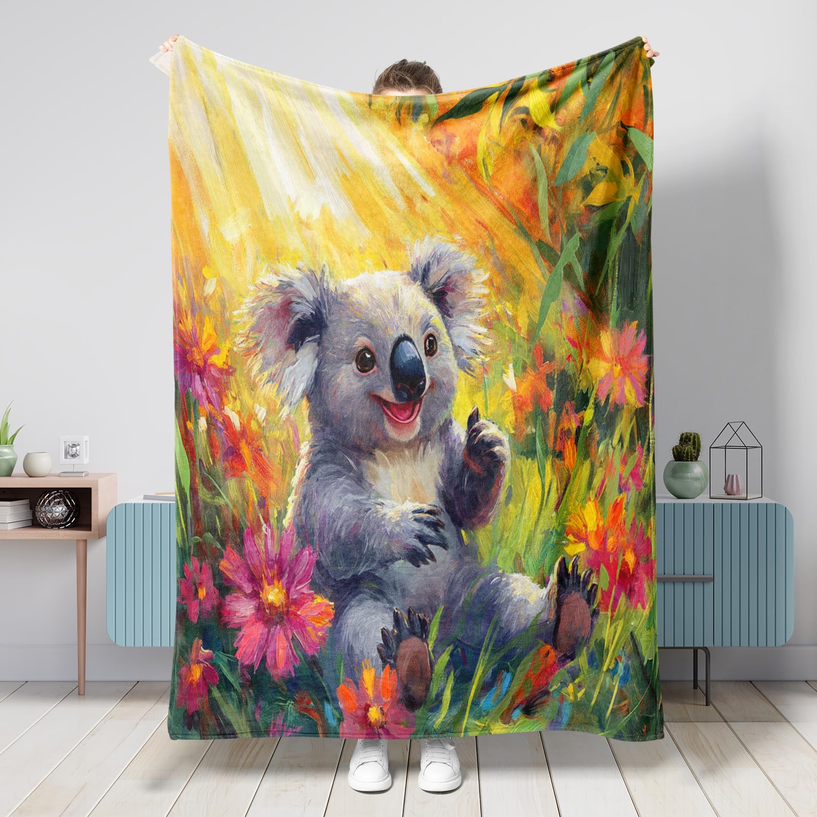 Couverture koalas en flanelle 152x203 cm plaid douillet à fleurs