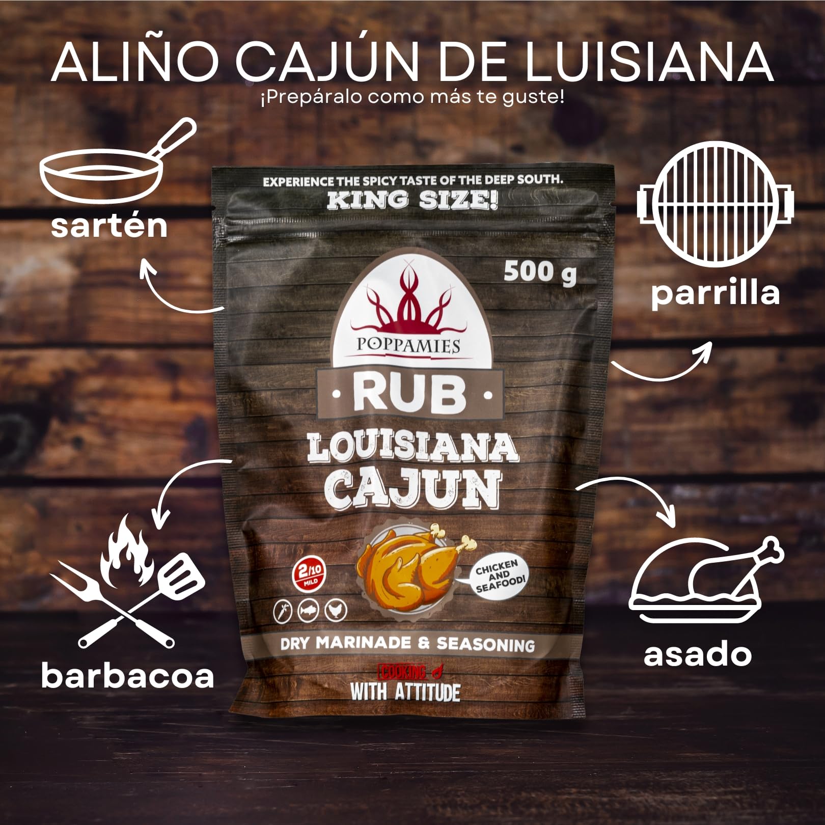 Poppamies Louisiana Cajun BBQ Rub - Condimento BBQ 100% Natural - Marinada Seca y Especias. Especialmente Adecuado para Pollo - Paquete Grande (500g)