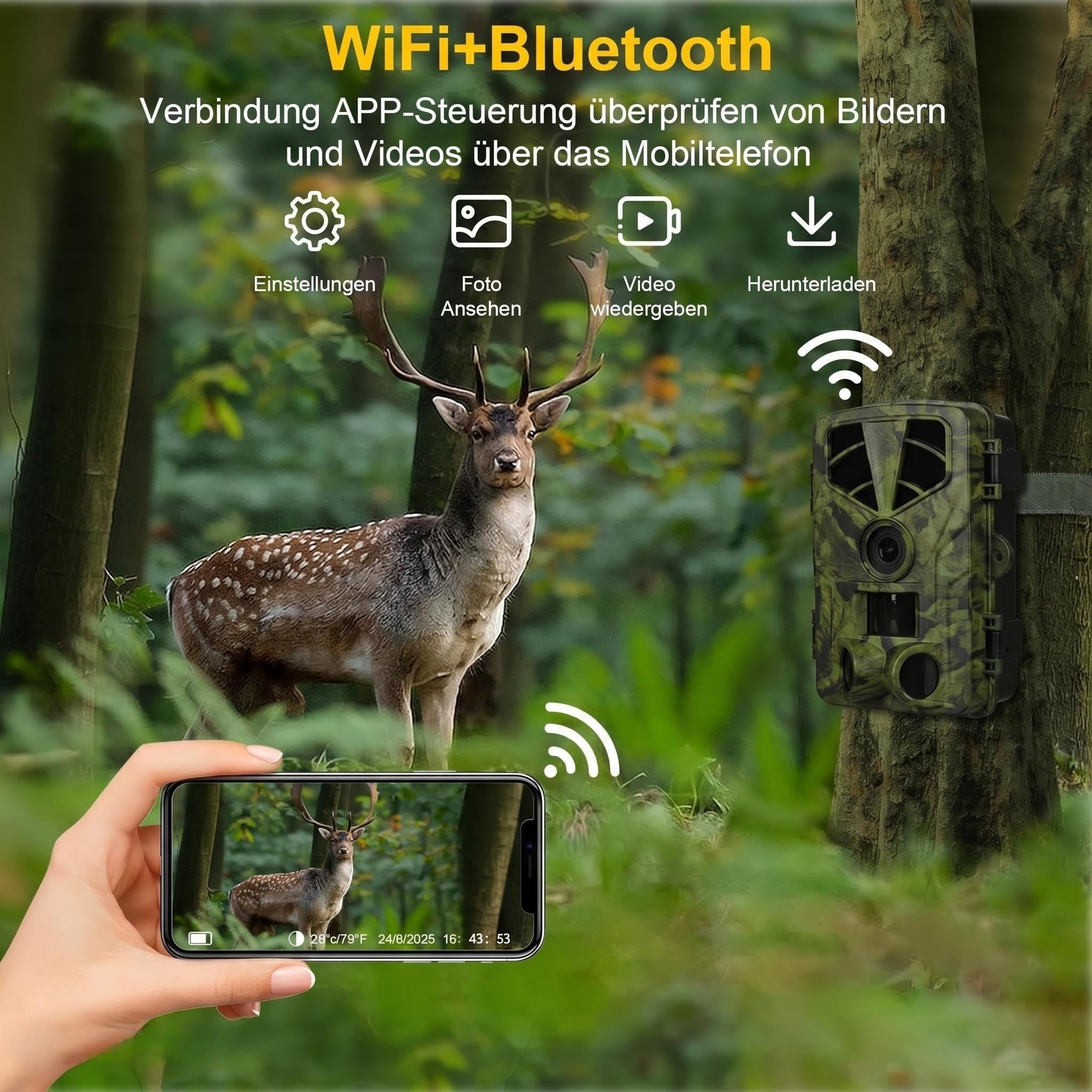 Wildkamera 5K 60MP mit WLAN & Handyübertragung APP, 120° Weitwinkel Jagdkamera mit 0,2s Auslösezeit, IP66 Wasserdicht, 4MP Video, Wildtierkamera mit 32GB Speicherkarte und Infrarot-LEDs ohne Glühen