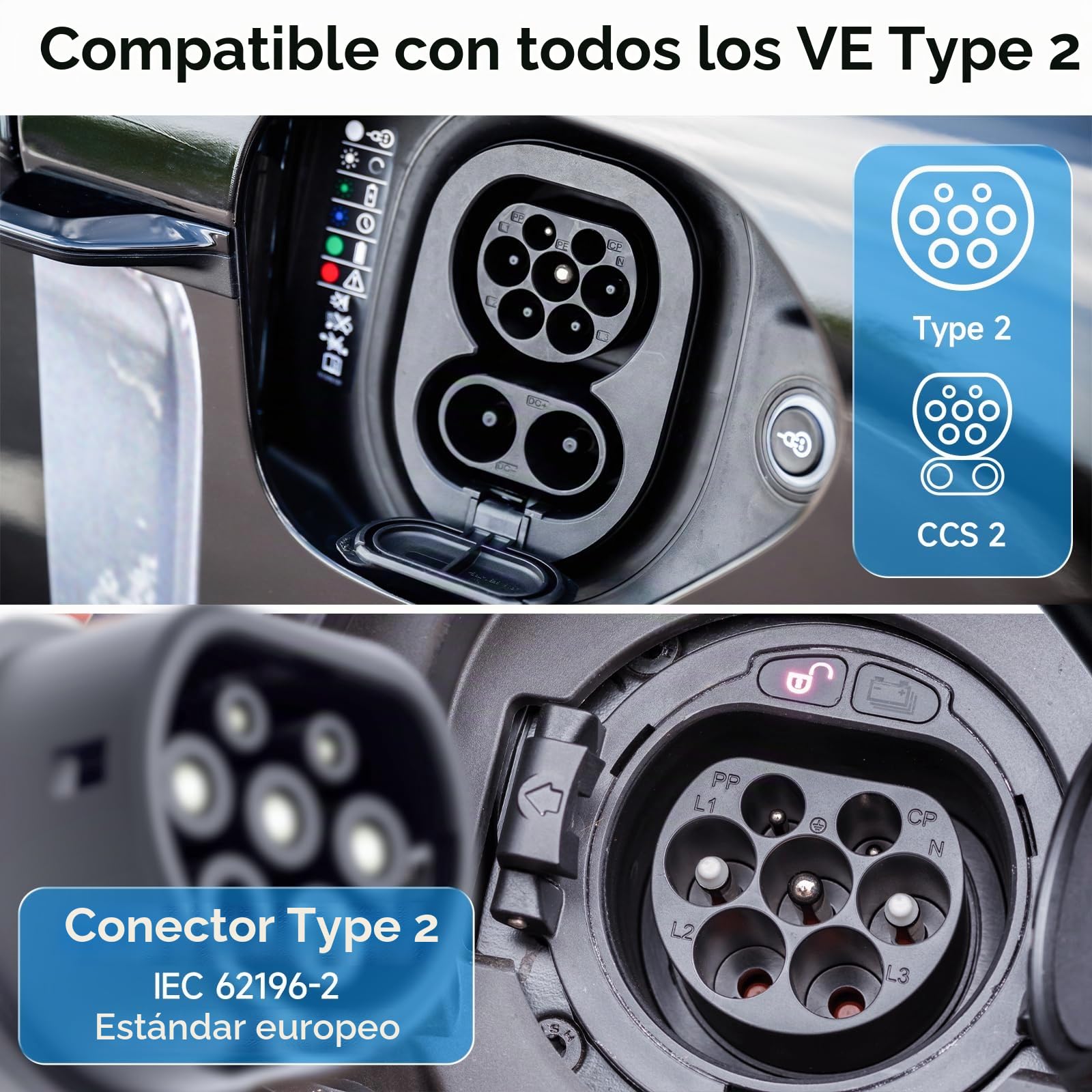 Cargador Coche Electrico Tipo 2 3,68kW 5M, 6-16A 1-Fásico