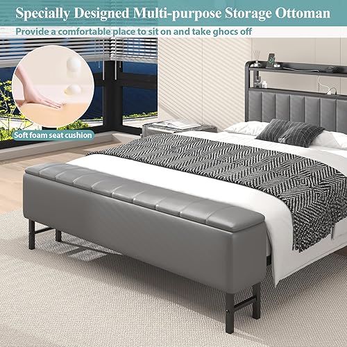 Miniatura 8 de Base de cama de tamaño matrimonial con proyector de estrellas y estación de carga, plataforma tapizada de piel sintética con cabecera de