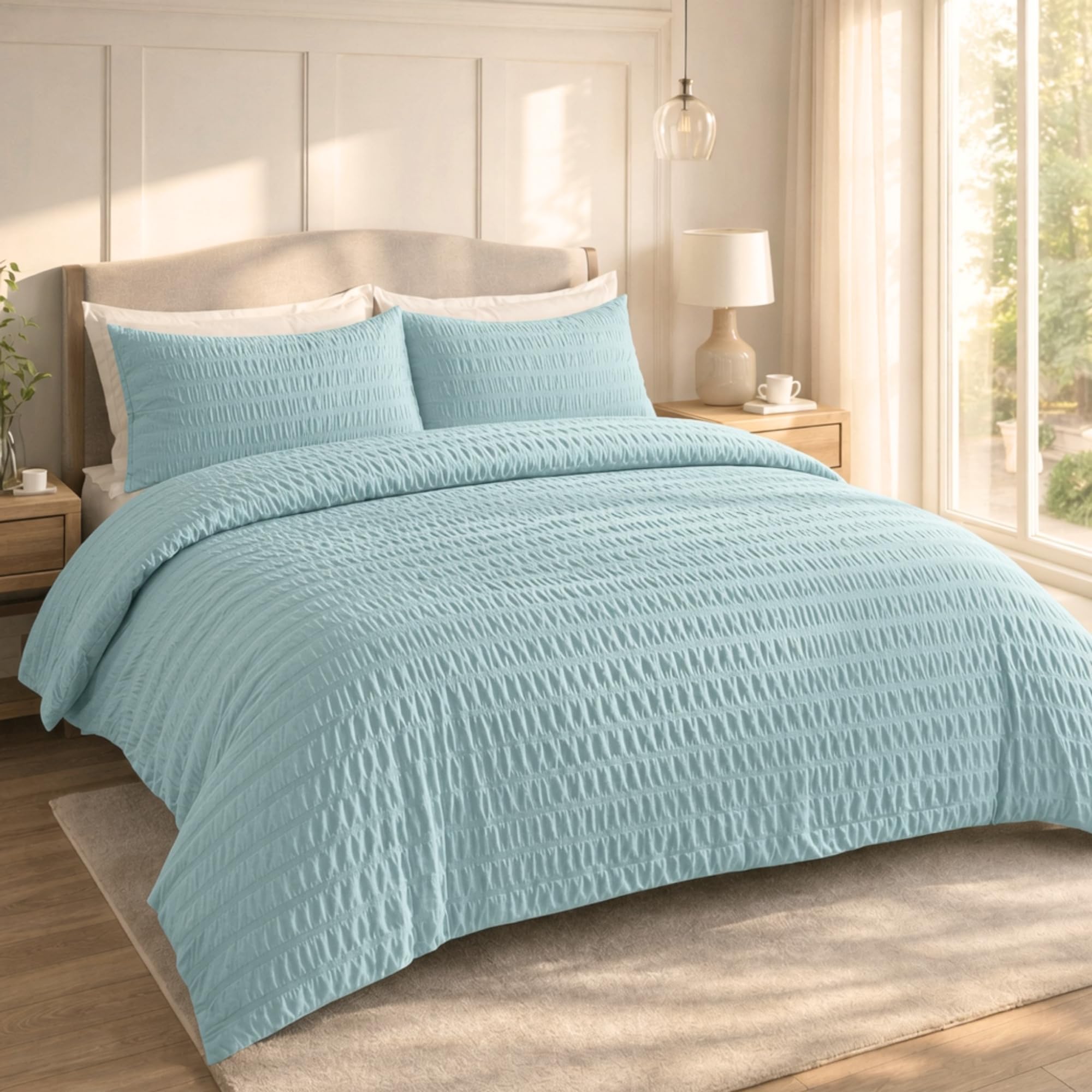 Q & H QUALITY HOUSEHOLD Q&H Bedding Duck Egg Seersucker Duvet Cover Set Super King with Pillowcase - Ultra Soft Brushed Microfiber Quilt Cover - Breathable, Textured, Easy Care, Machine Washable