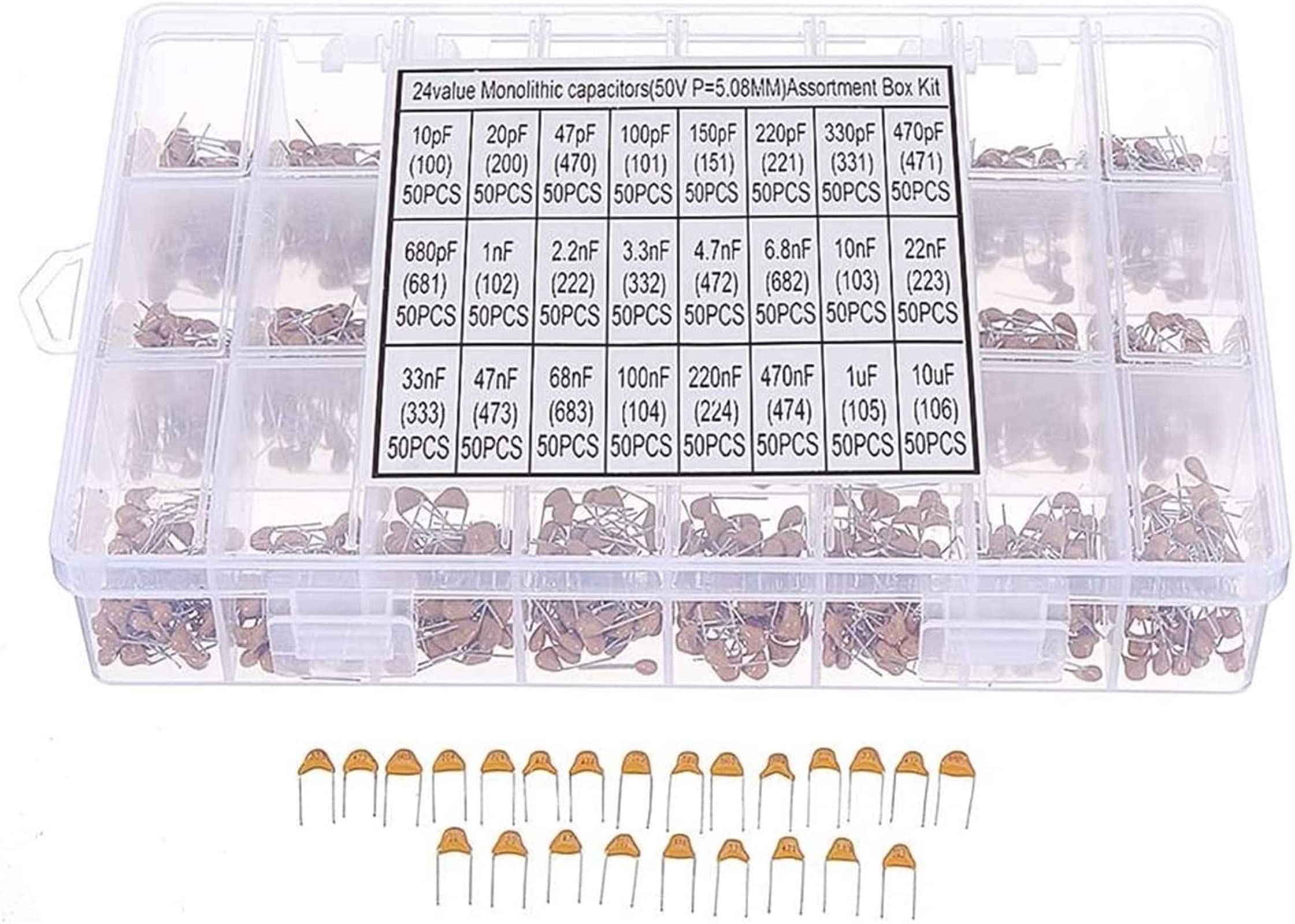 Kit de condensadores 1200 piezas 24 valores 50V 10pF-10uF condensador cerámico monolítico Kit surtido de condensadores