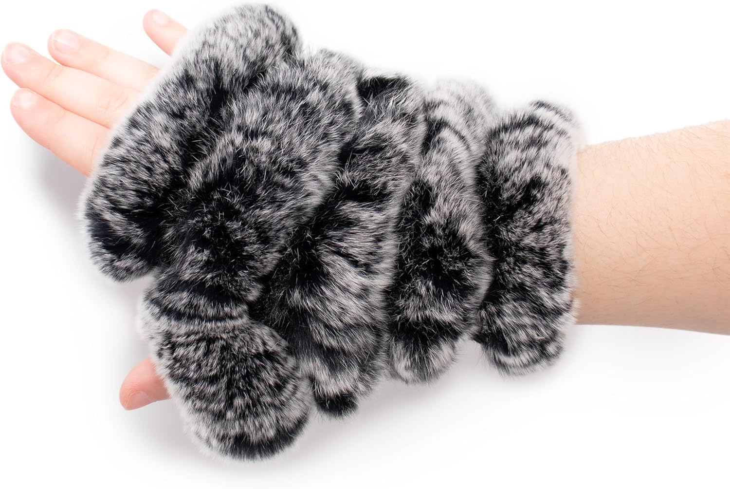 Surell Fingerless Gloves - Real Rex Rabbit Fur Gloves - Women’s Texting Gloves - Fingerless Mittens - Fur Winter Gloves - Soft & Warm Cold Weather Mittens for Girls - Black Frost