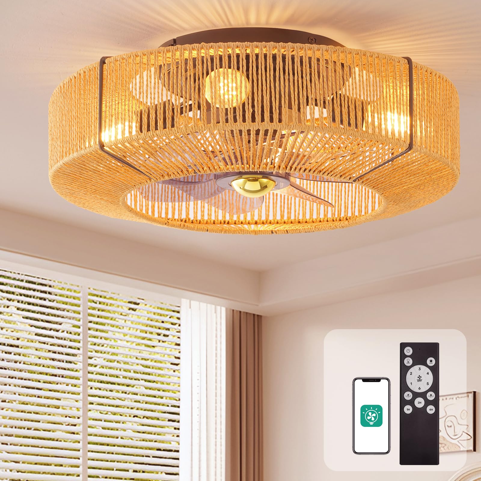 Boho Rattan Ceiling Fan with Light & Remote Control